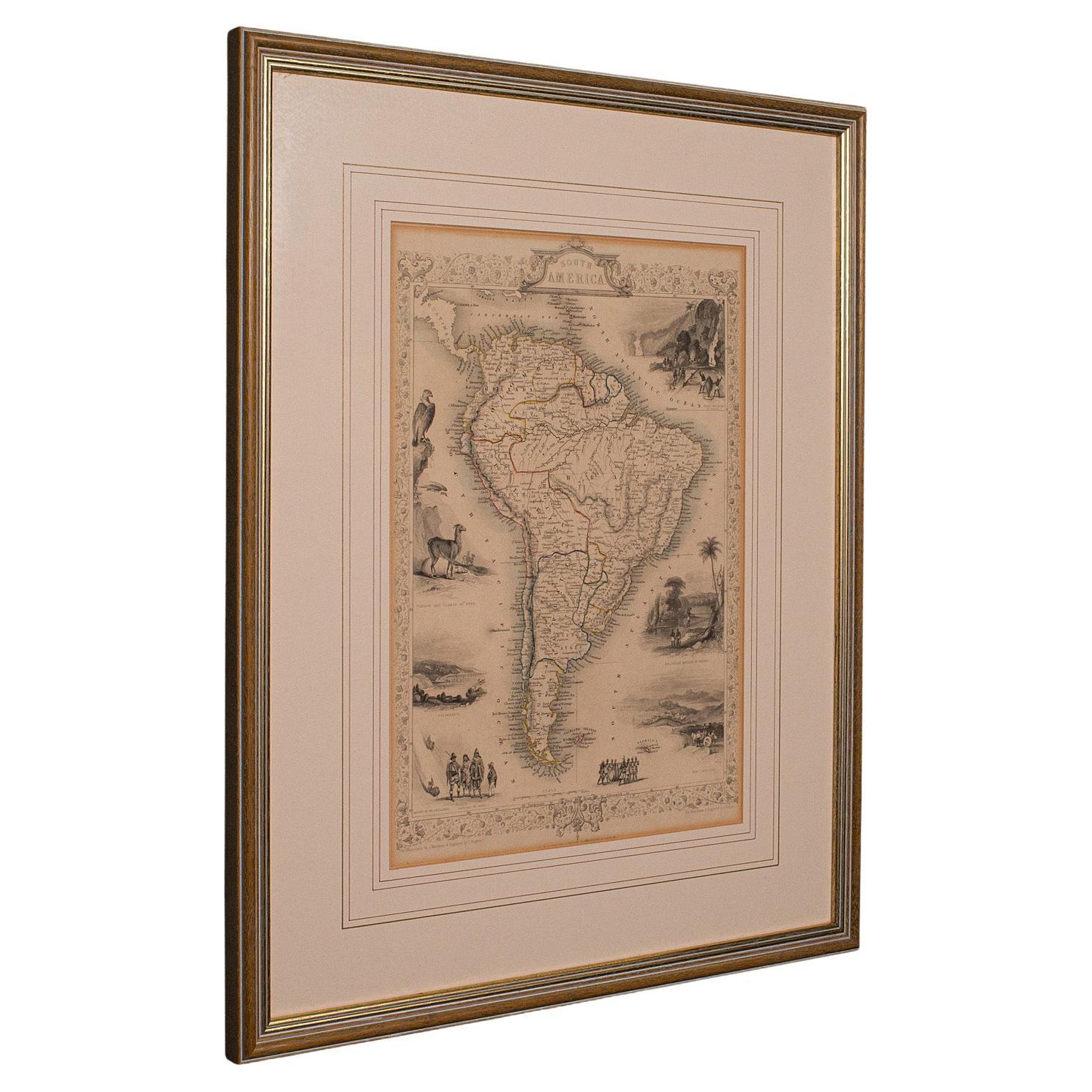 Carte lithographie ancienne, Amérique du Sud, anglaise, encadrée, cartographie victorienne