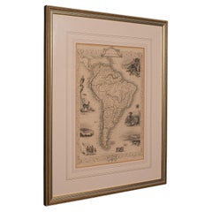 Carte lithographie ancienne, Amérique du Sud, anglaise, encadrée, cartographie victorienne