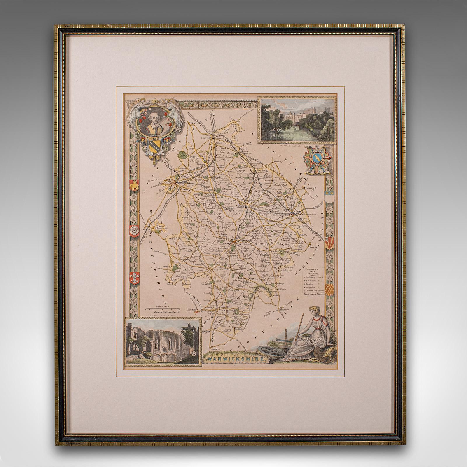 
Il s'agit d'une carte lithographique ancienne du Warwickshire. Gravure d'atlas anglaise encadrée, d'intérêt cartographique, datant du milieu du XIXe siècle ou plus tard.

Superbe lithographie du Warwickshire et des détails de son comté, parfaite