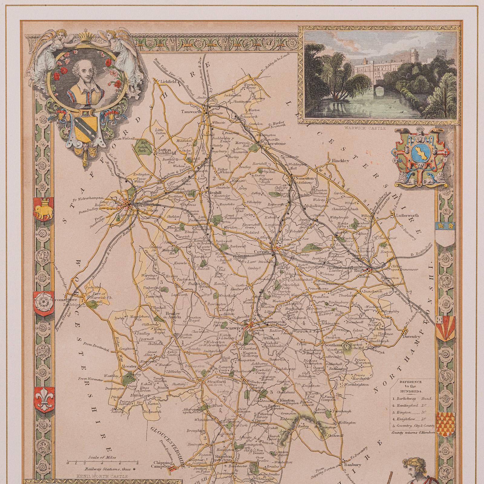 Britannique Carte lithographie ancienne, Warwickshire, anglaise, encadrée, cartographie victorienne en vente