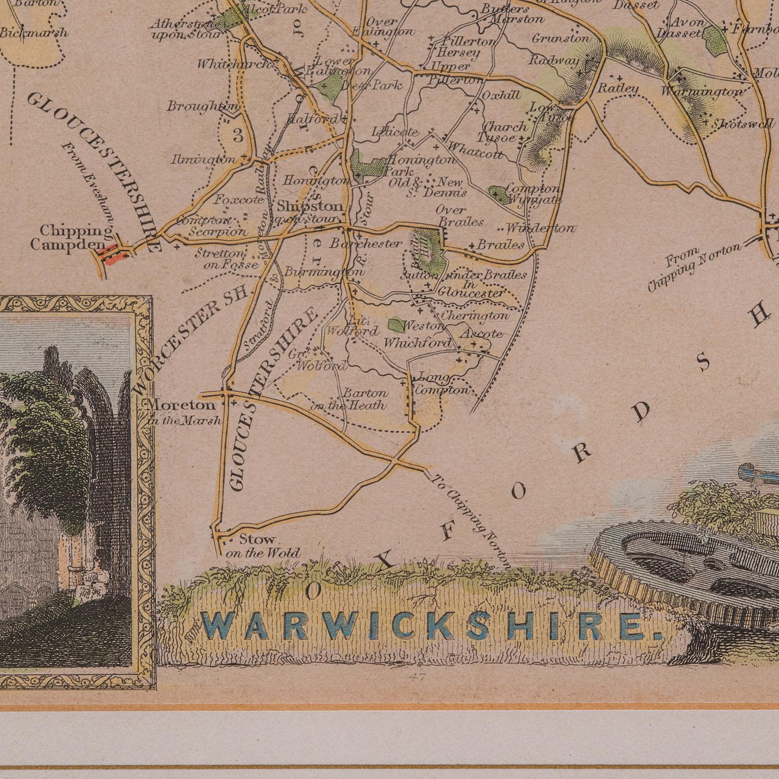 XIXe siècle Carte lithographie ancienne, Warwickshire, anglaise, encadrée, cartographie victorienne en vente