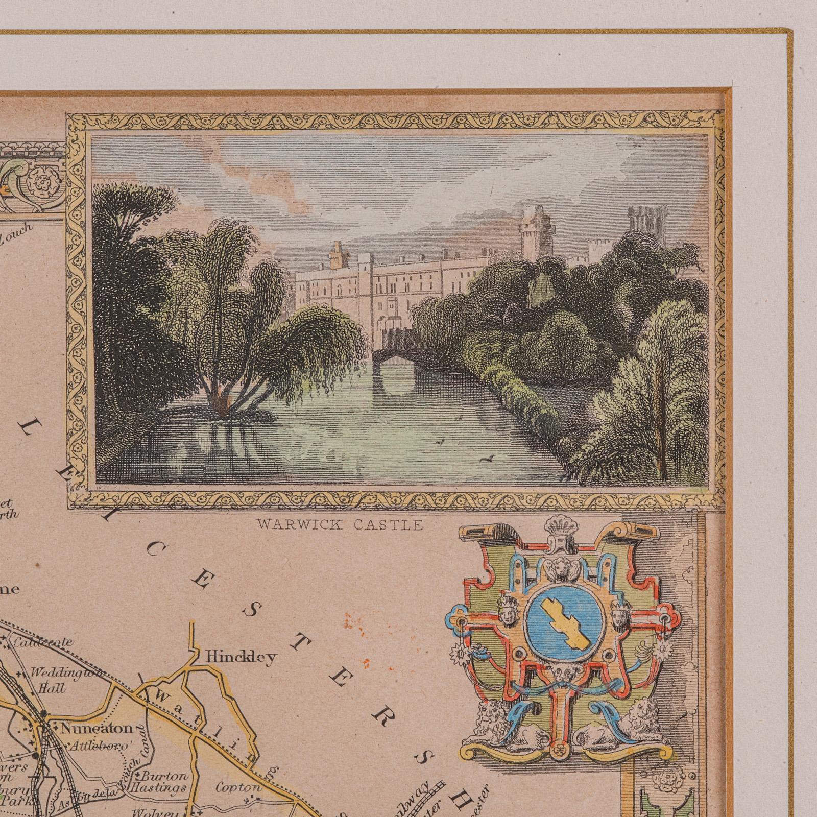 Verre Carte lithographie ancienne, Warwickshire, anglaise, encadrée, cartographie victorienne en vente