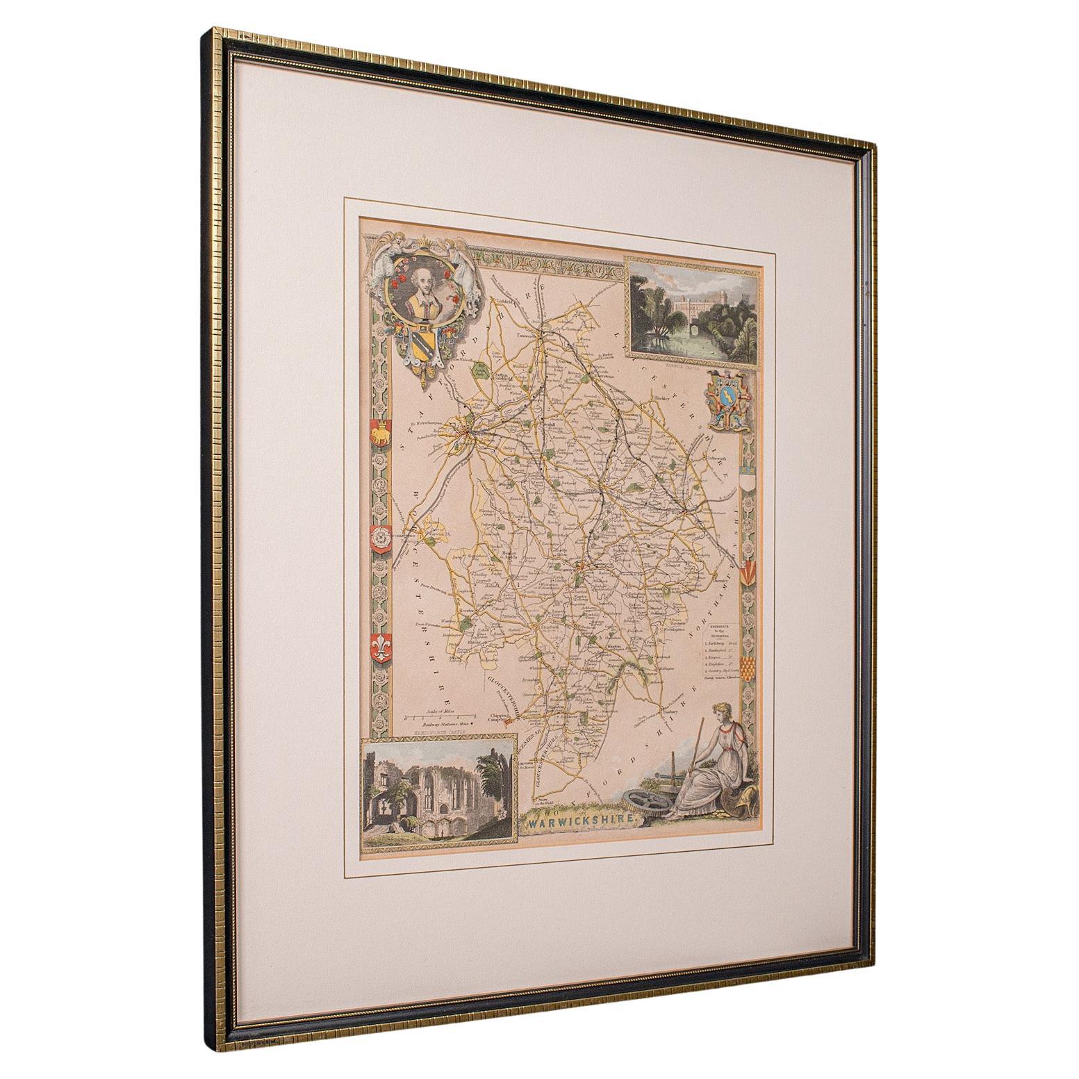 Antique Lithography Map, Warwickshire, English, Framed, Cartography, Victorian