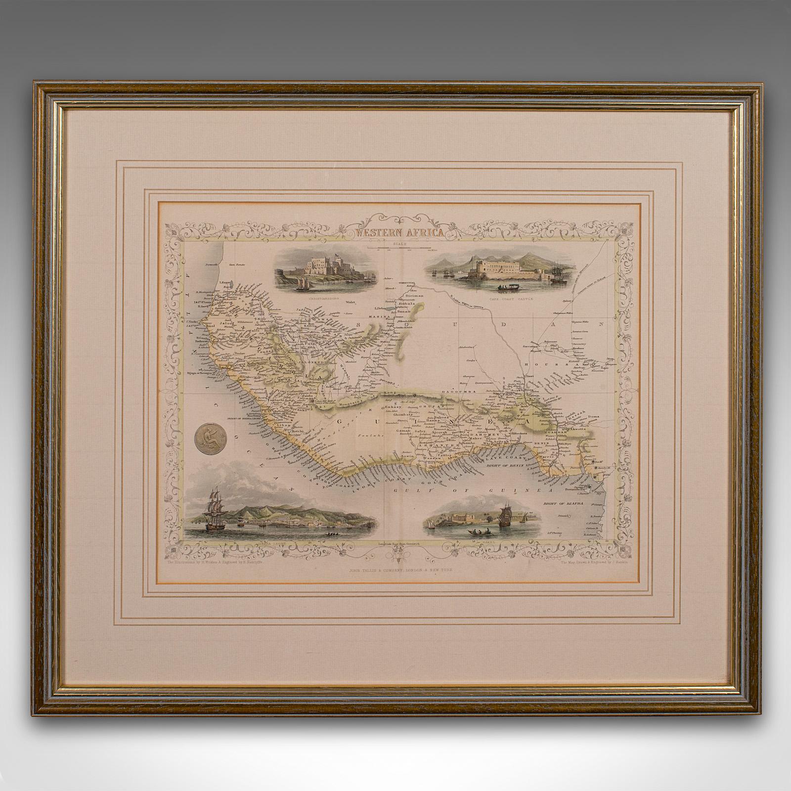 This is an antique lithography map of Western Africa. An English, framed atlas engraving of cartographic interest by John Rapkin, dating to the early Victorian period and later, circa 1850.

John Rapkin was considered as one of the best map makers