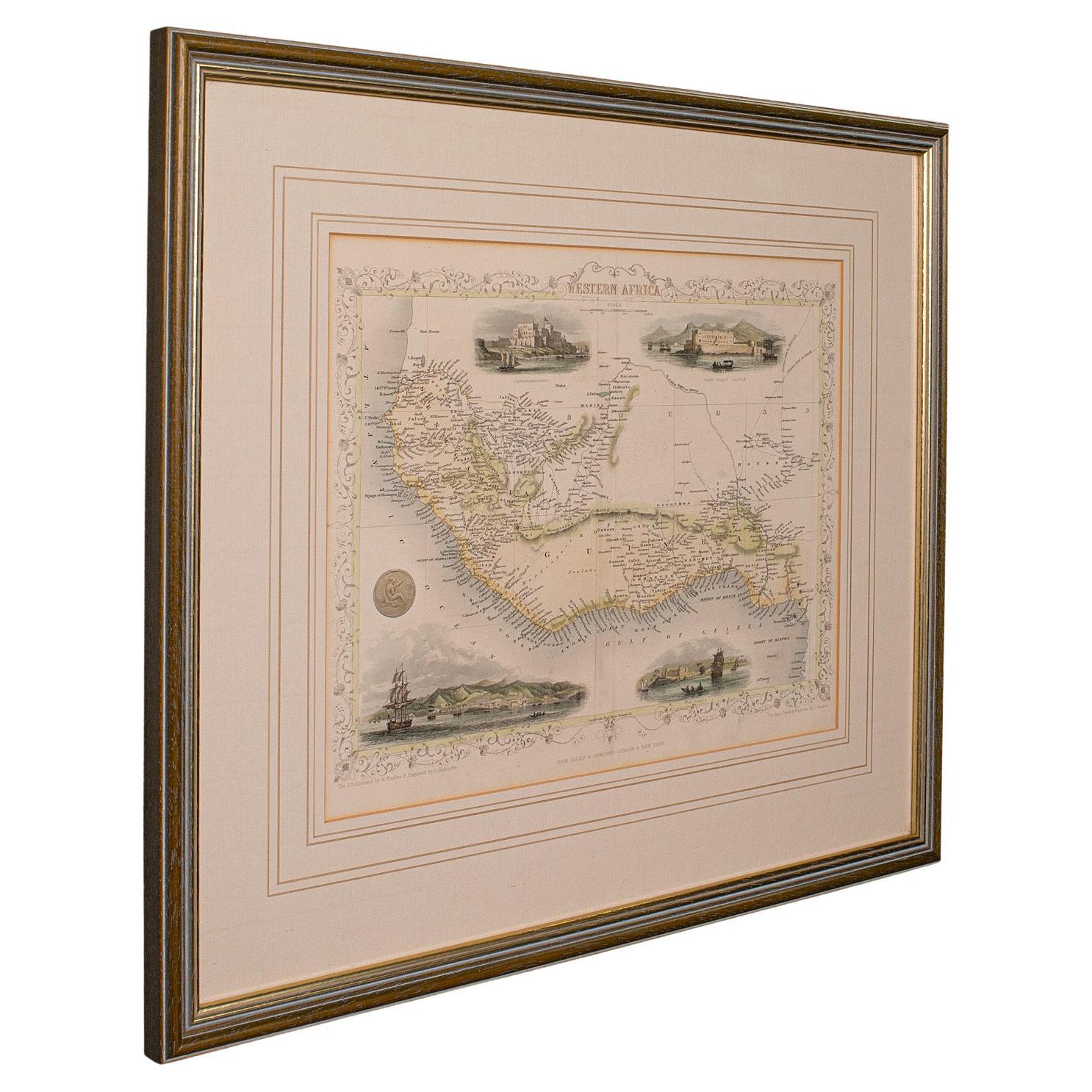 Carte lithographie ancienne, Afrique de l'Ouest, anglaise, encadrée, cartographie victorienne en vente