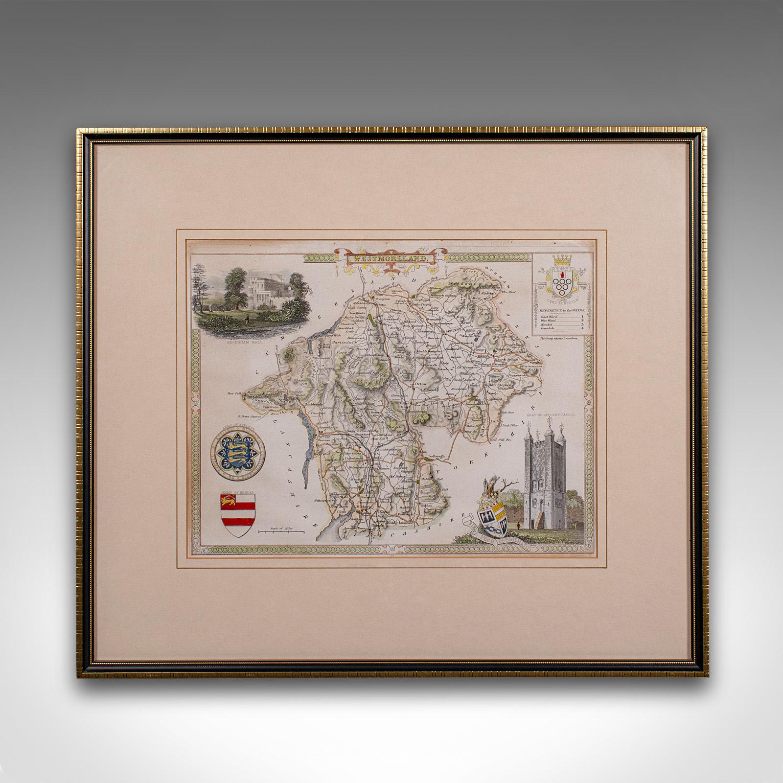 This is an antique lithography map of Westmoreland. An English, framed atlas engraving of cartographic interest, dating to the mid 19th century and later.

Superb lithography of the historical county of Westmoreland in fine detail, perfect for