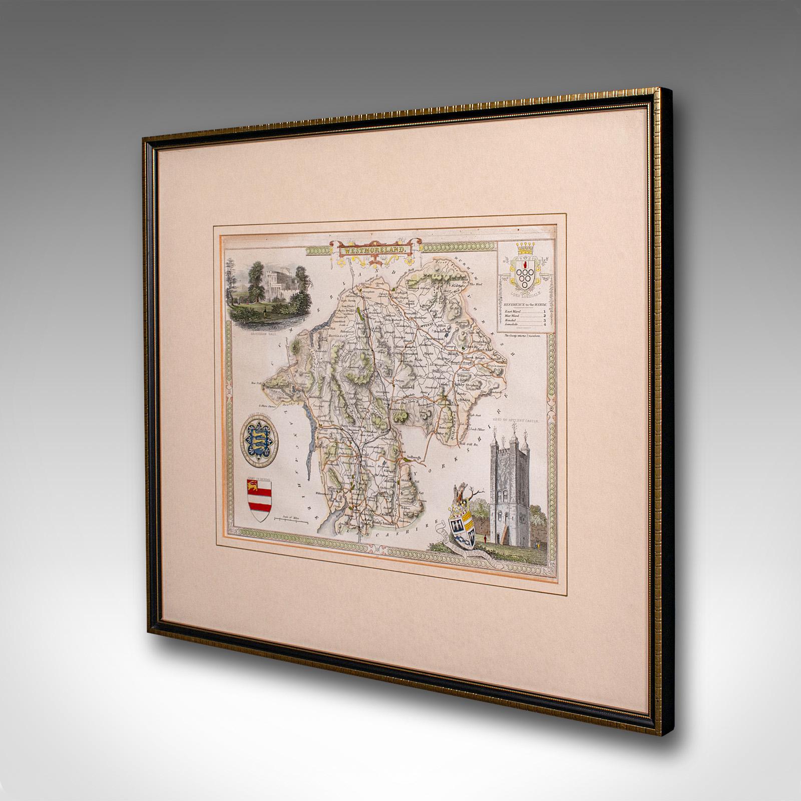 British Antique Lithography Map, Westmoreland, English, Framed, Cartography, Victorian For Sale