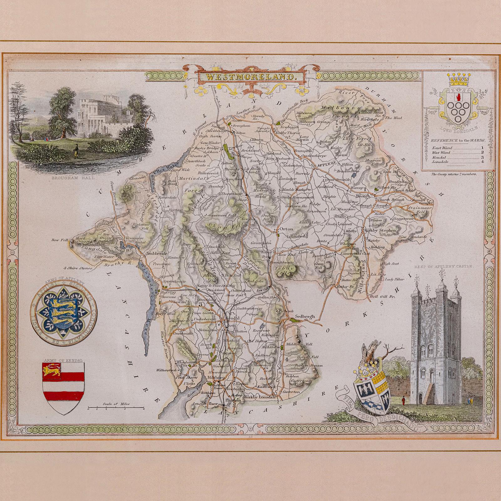 19th Century Antique Lithography Map, Westmoreland, English, Framed, Cartography, Victorian For Sale