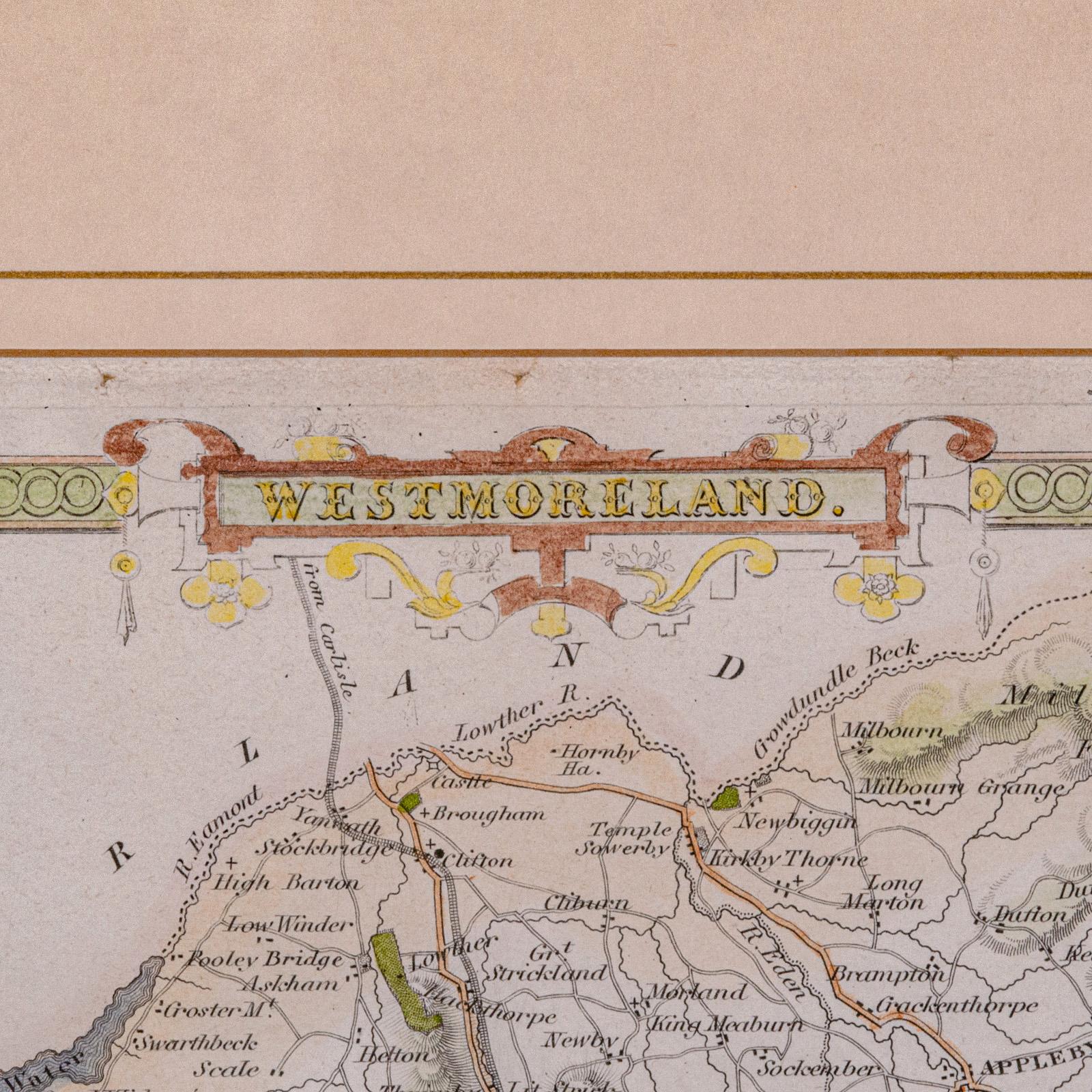 Wood Antique Lithography Map, Westmoreland, English, Framed, Cartography, Victorian For Sale