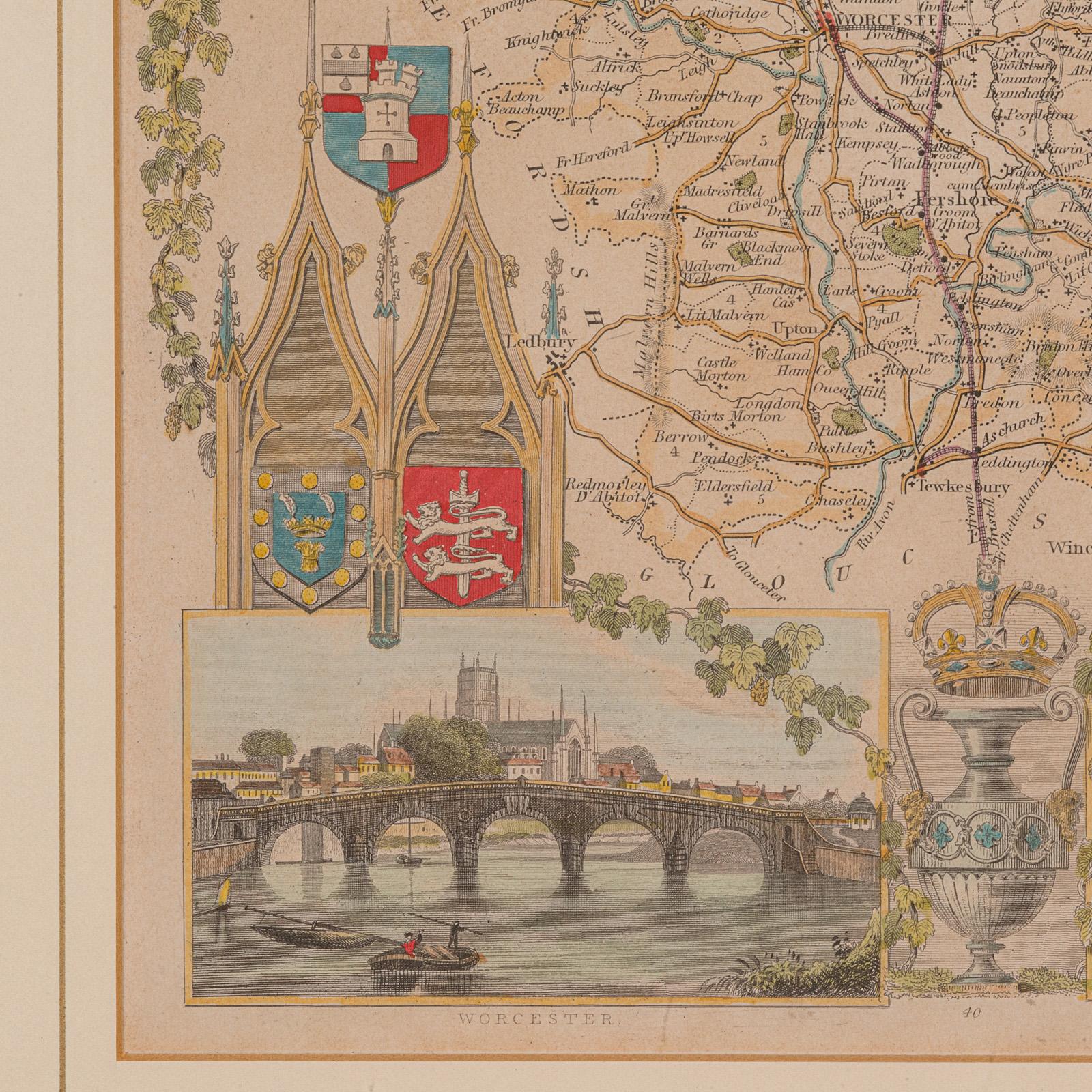 Carte lithographie ancienne, Worcestershire, anglaise, gravure encadrée, cartographie en vente 3