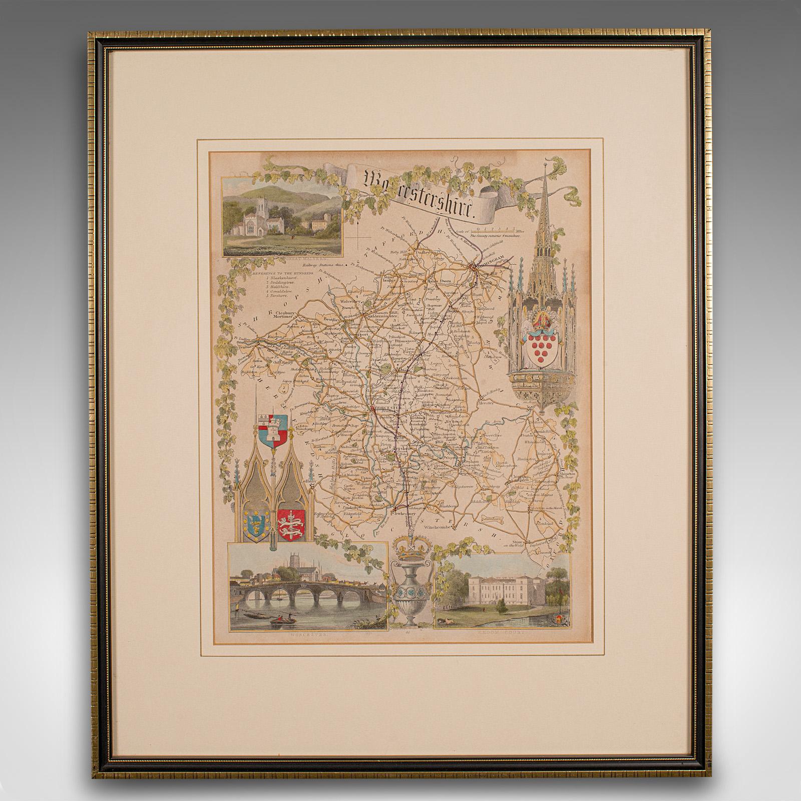 
This is an antique lithography map of Worcestershire. An English, framed atlas engraving of cartographic interest, dating to the early 19th century and later.

Superb lithography of Worcestershire and its county detail, perfect for