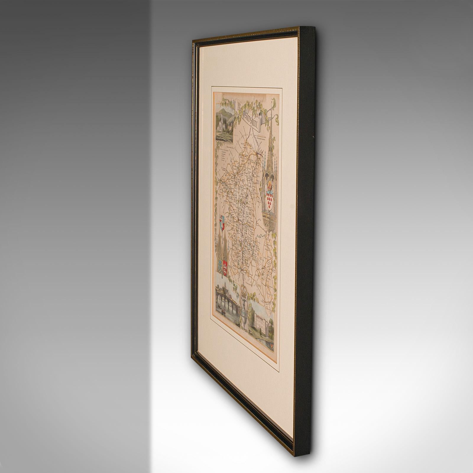 Regency Carte lithographie ancienne, Worcestershire, anglaise, gravure encadrée, cartographie en vente