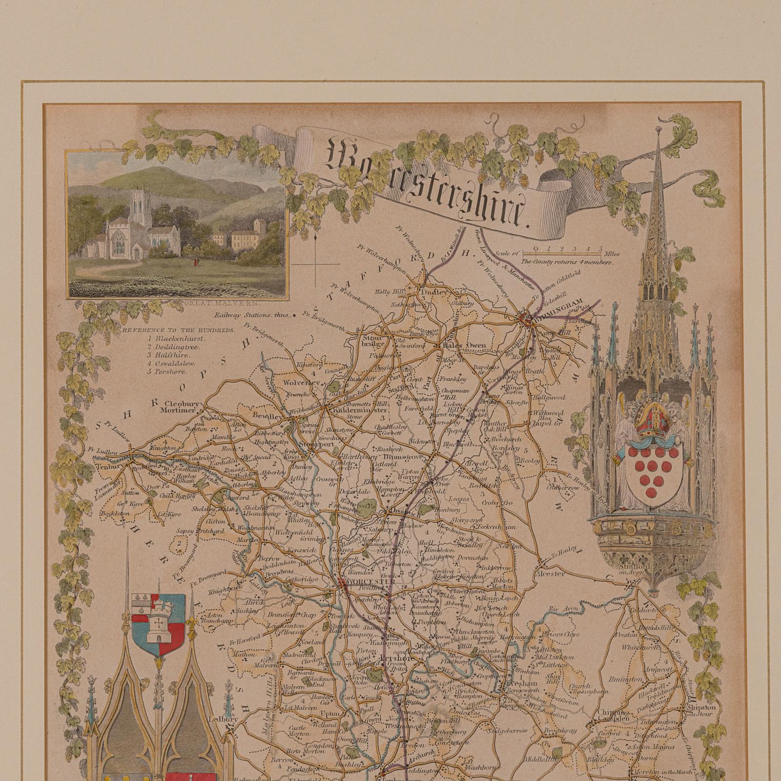 Britannique Carte lithographie ancienne, Worcestershire, anglaise, gravure encadrée, cartographie en vente