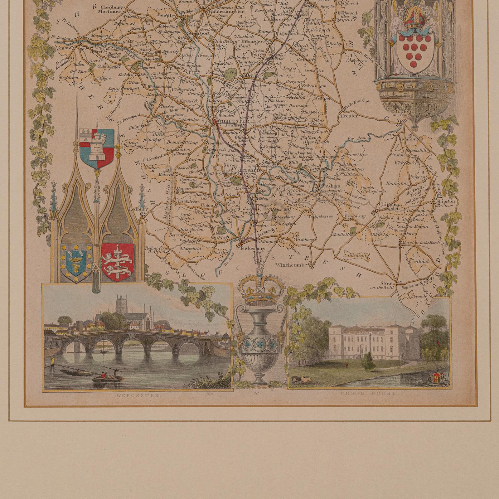 Carte lithographie ancienne, Worcestershire, anglaise, gravure encadrée, cartographie Bon état - En vente à Hele, Devon, GB