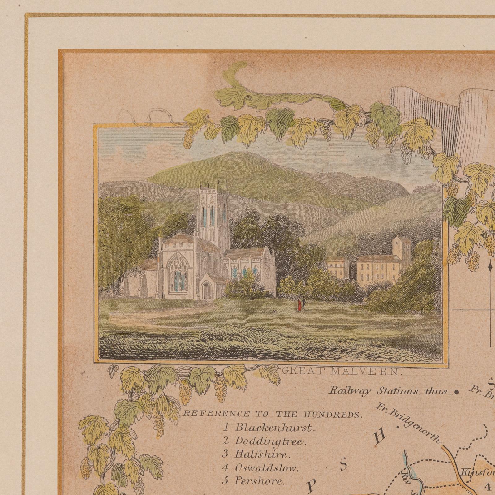 XIXe siècle Carte lithographie ancienne, Worcestershire, anglaise, gravure encadrée, cartographie en vente