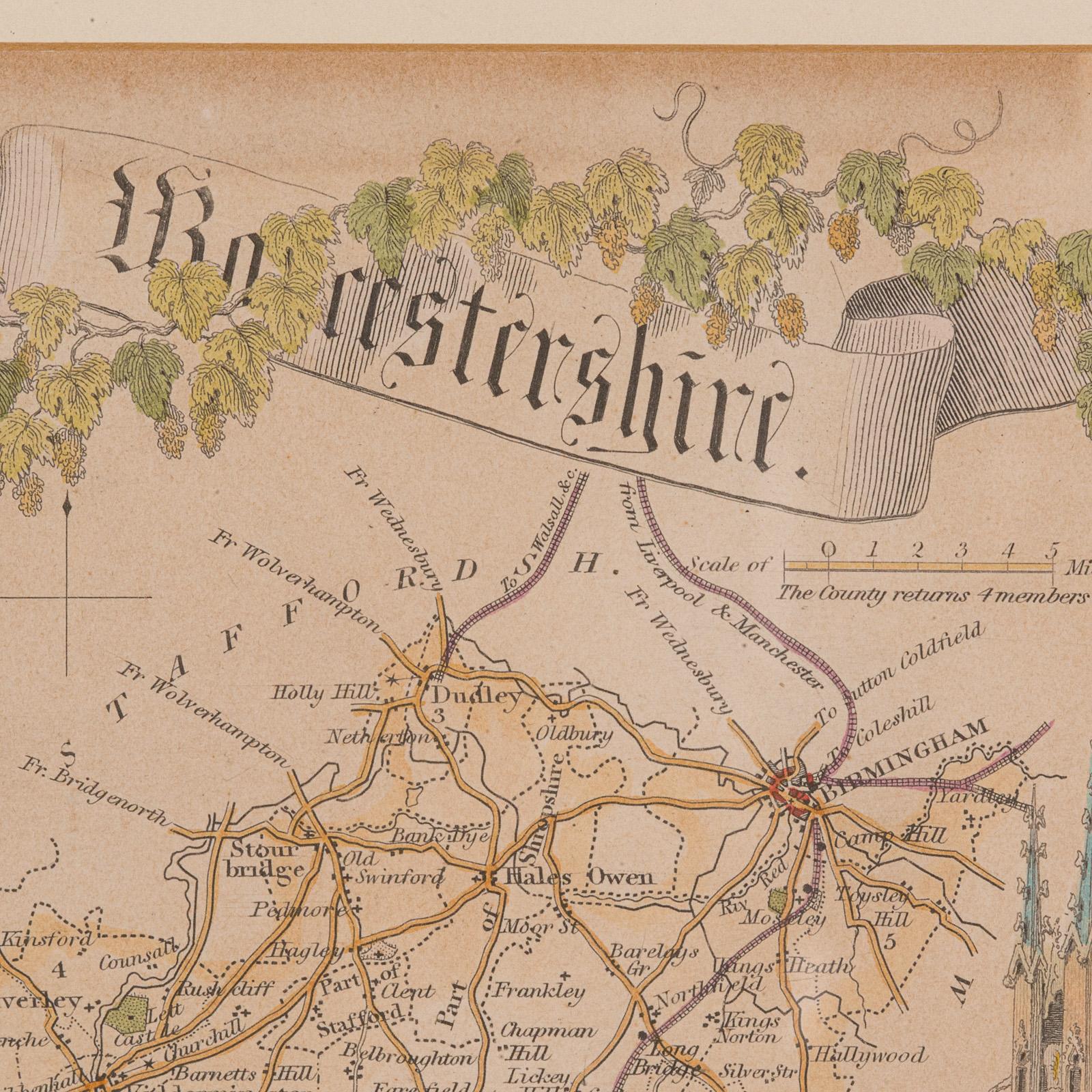 Bois Carte lithographie ancienne, Worcestershire, anglaise, gravure encadrée, cartographie en vente