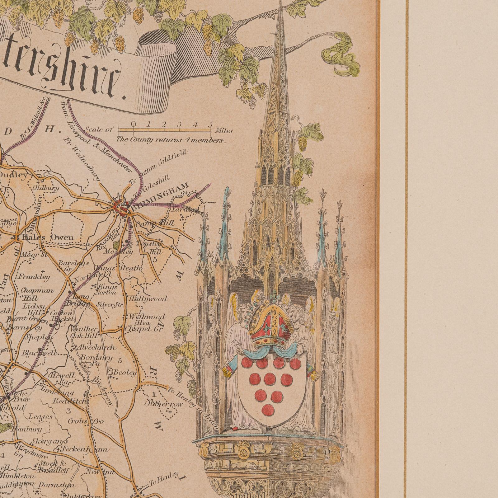 Carte lithographie ancienne, Worcestershire, anglaise, gravure encadrée, cartographie en vente 1
