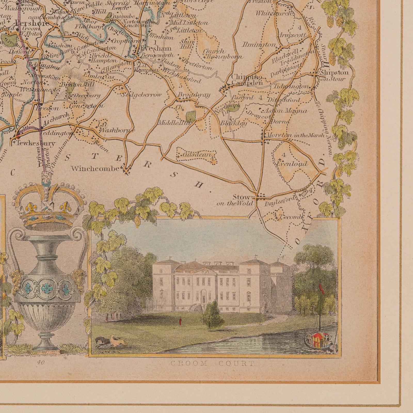 Carte lithographie ancienne, Worcestershire, anglaise, gravure encadrée, cartographie en vente 2