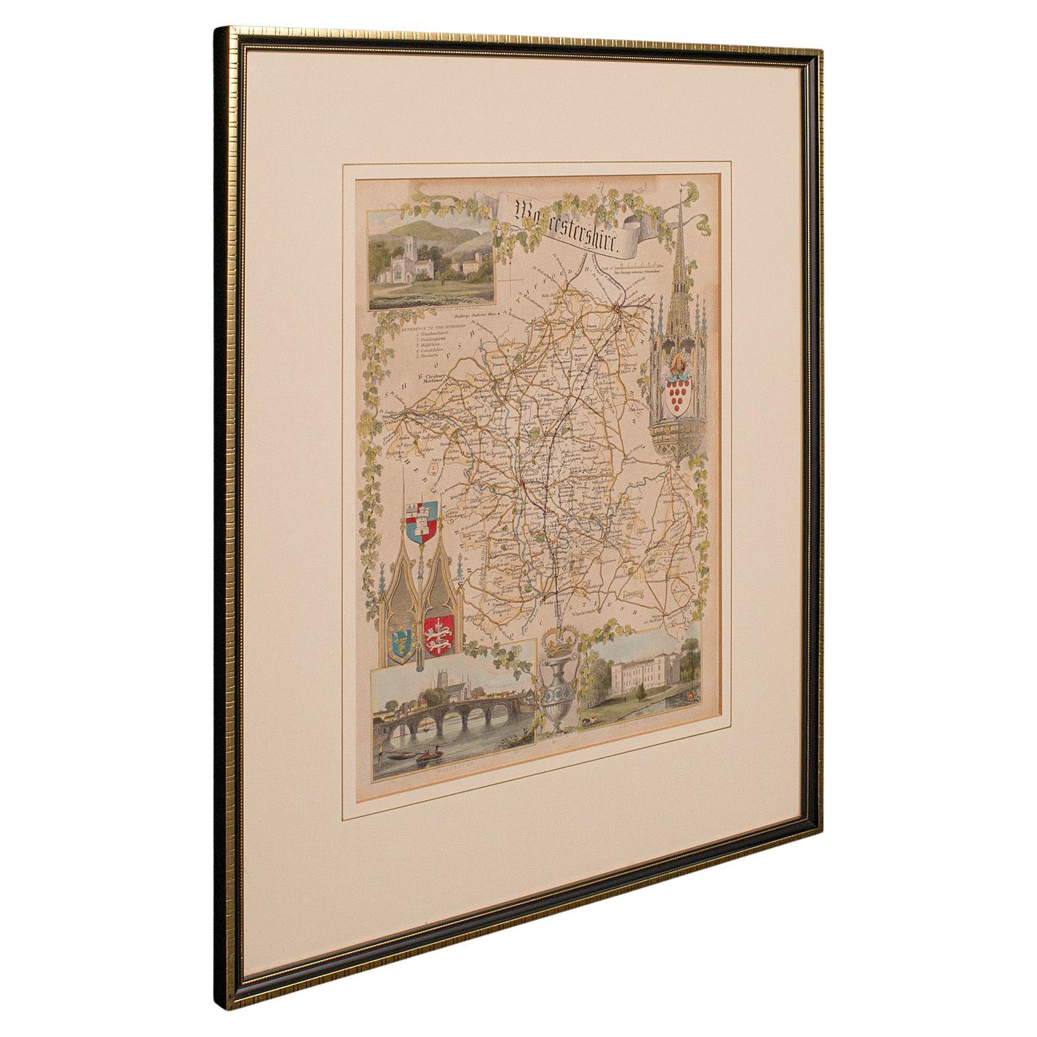 Carte lithographie ancienne, Worcestershire, anglaise, gravure encadrée, cartographie en vente