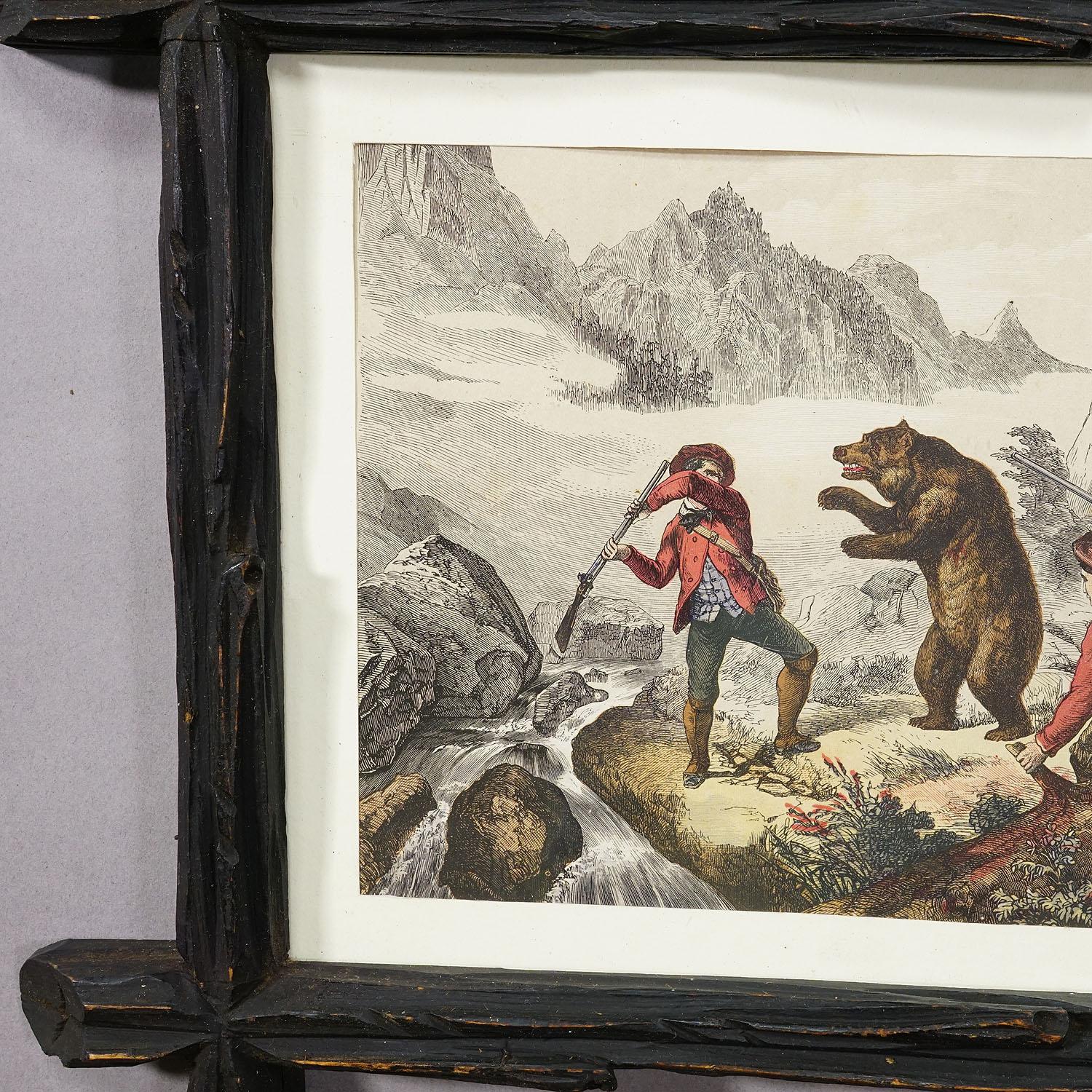 Impression lithographie ancienne représentant une chasse à l'ours 19ème siècle

Lithographie ancienne représentant une chasse à l'ours. Une gravure colorée datant du milieu du 19e siècle. L'œuvre est encadrée derrière une vitre dans un cadre en bois