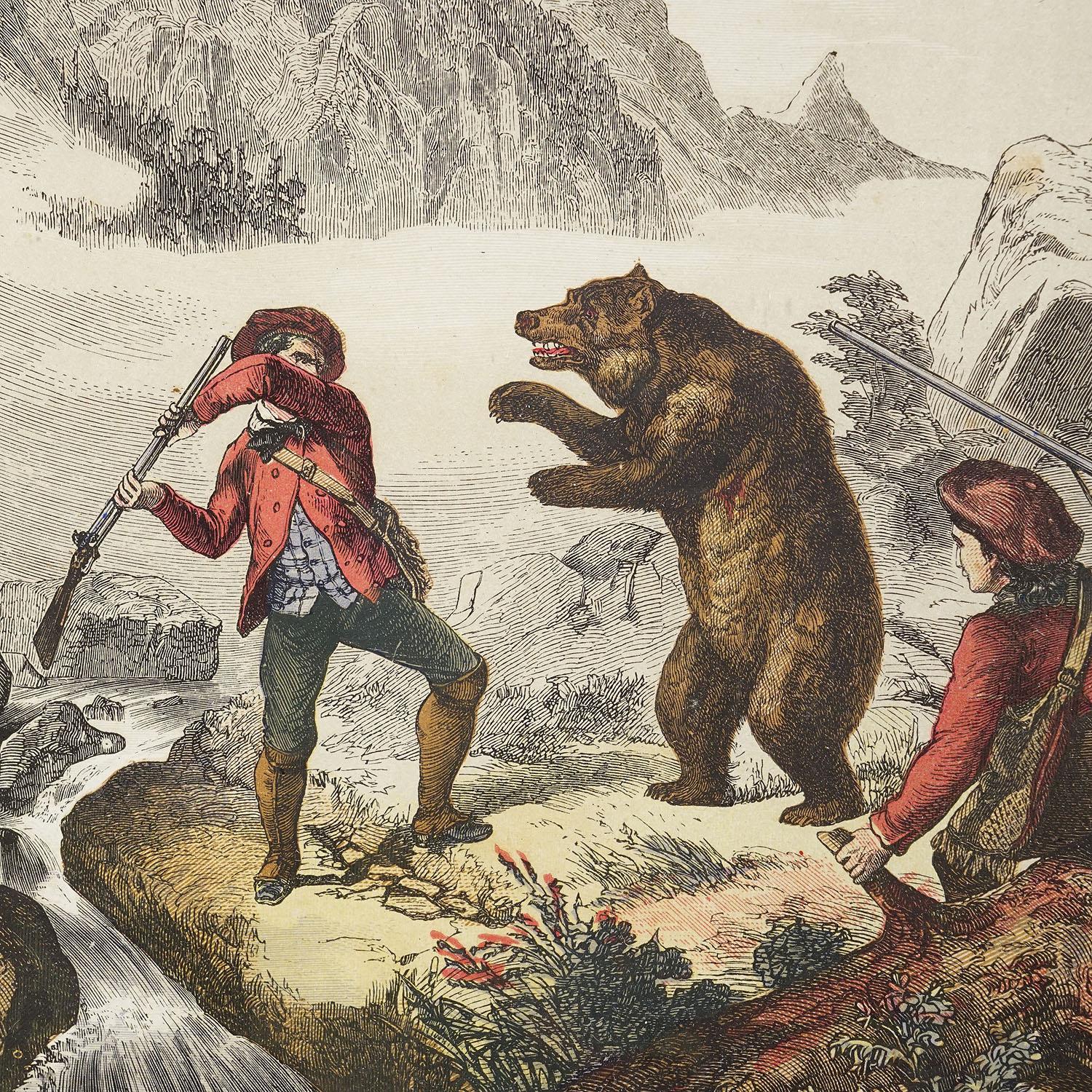 Country Impression lithographie ancienne représentant une chasse à l'ours 19ème siècle en vente