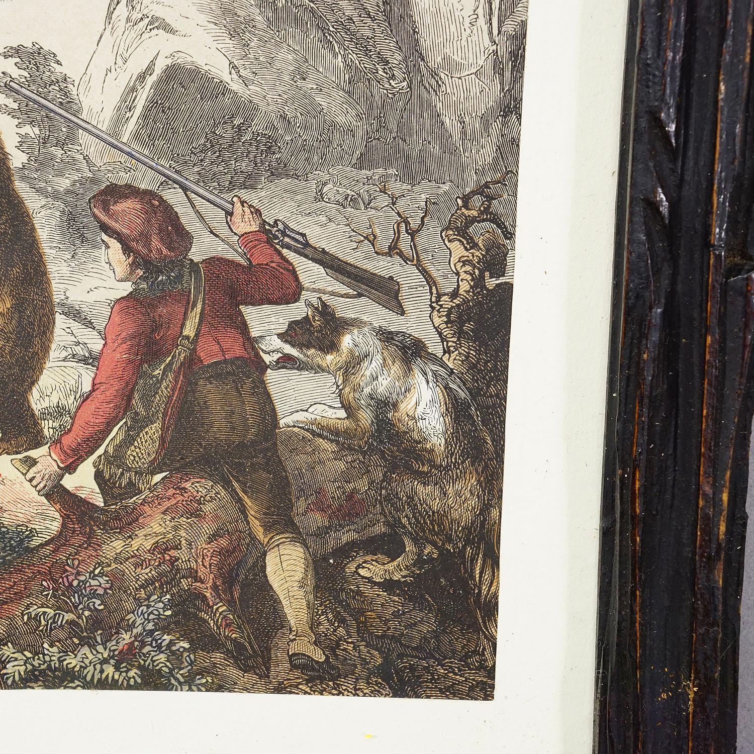 Allemand Impression lithographie ancienne représentant une chasse à l'ours 19ème siècle en vente