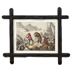 Antiker Lithografiedruck mit der Darstellung einer Bär- Jagd, 19. Jahrhundert