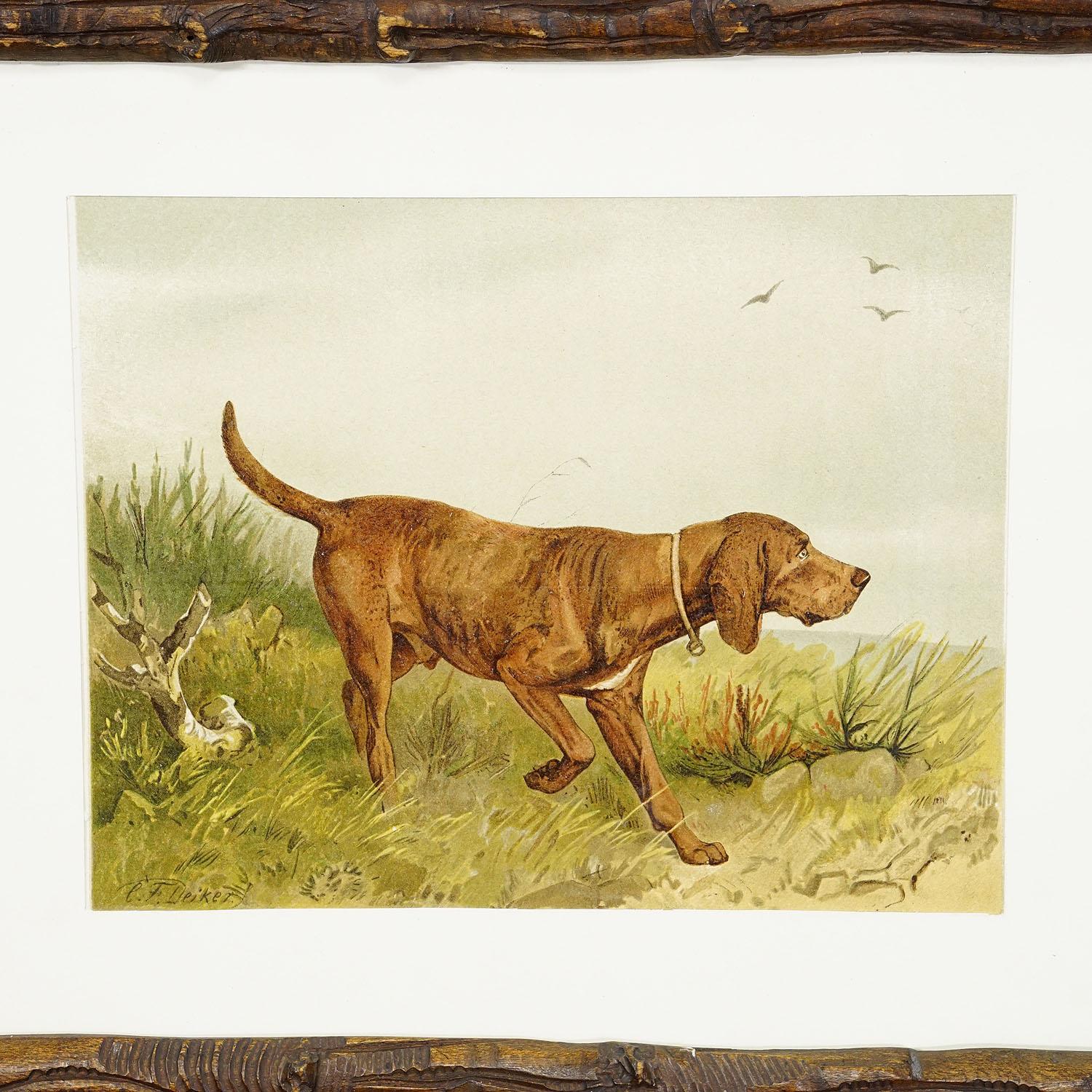 Country Lithographie ancienne Chien de chasse et de soudure 19e siècle en vente