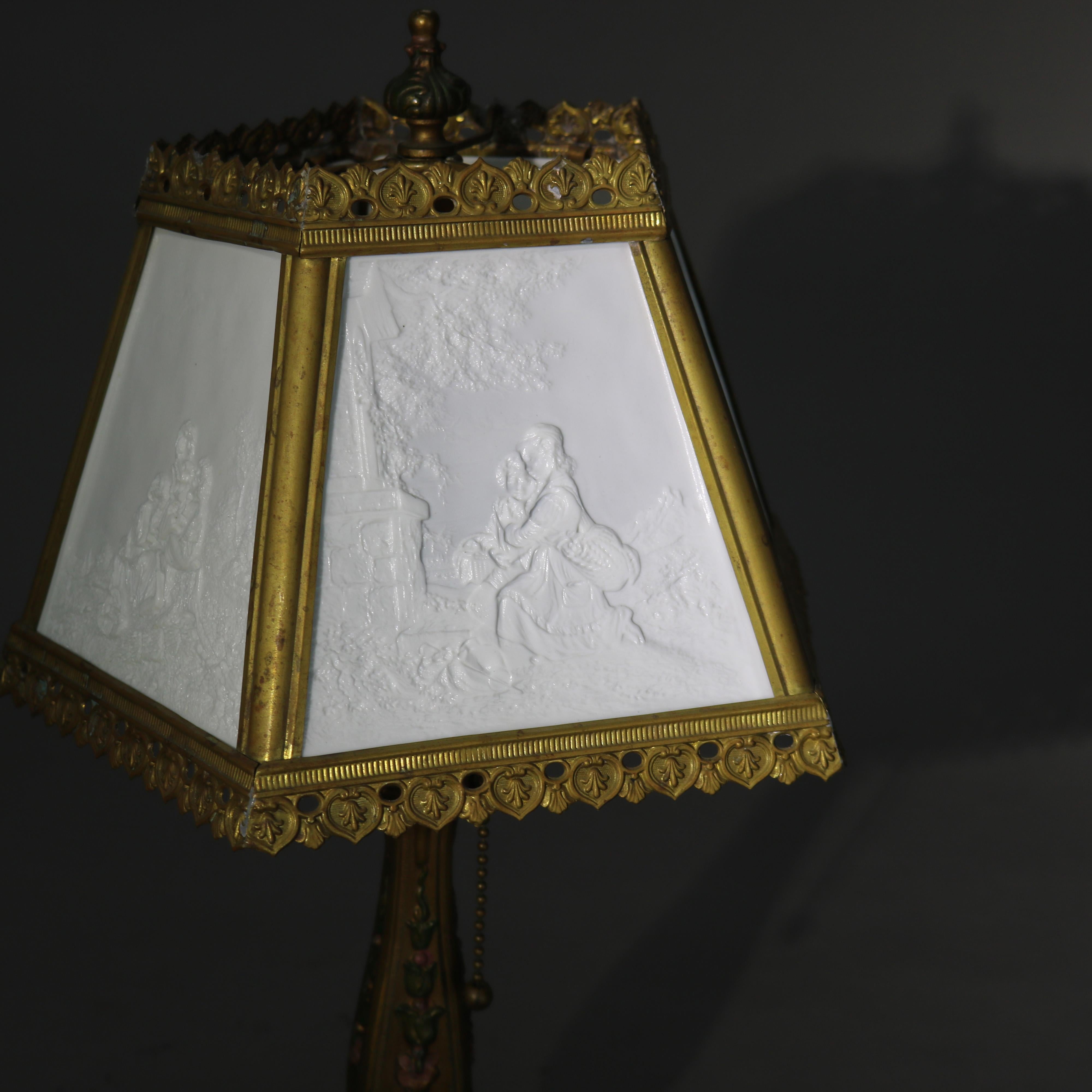 Lampe de table antique Lithophane Arts & Crafts en verre embossé à 5 panneaux C1910 en vente 2