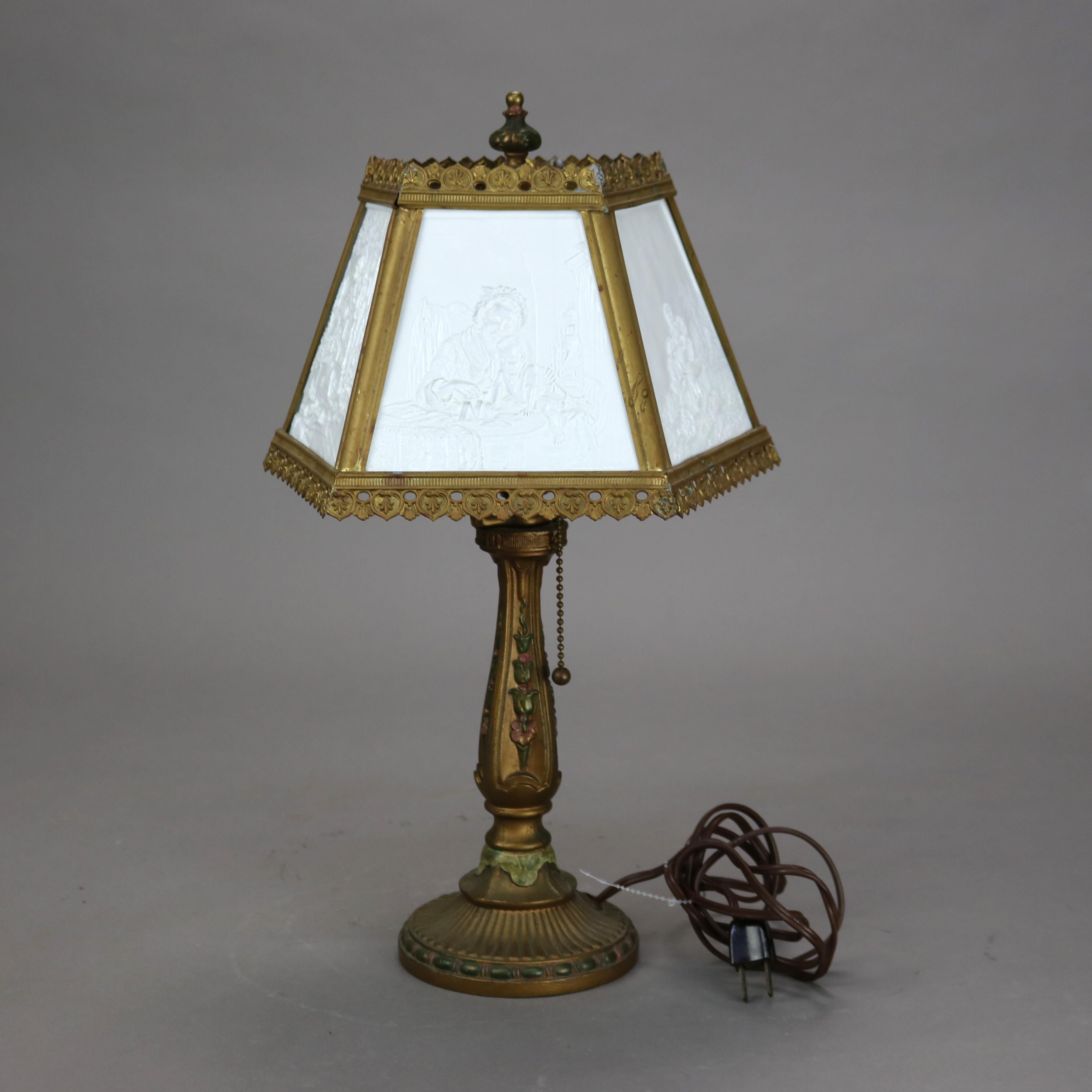 Américain Lampe de table antique Lithophane Arts & Crafts en verre embossé à 5 panneaux C1910 en vente