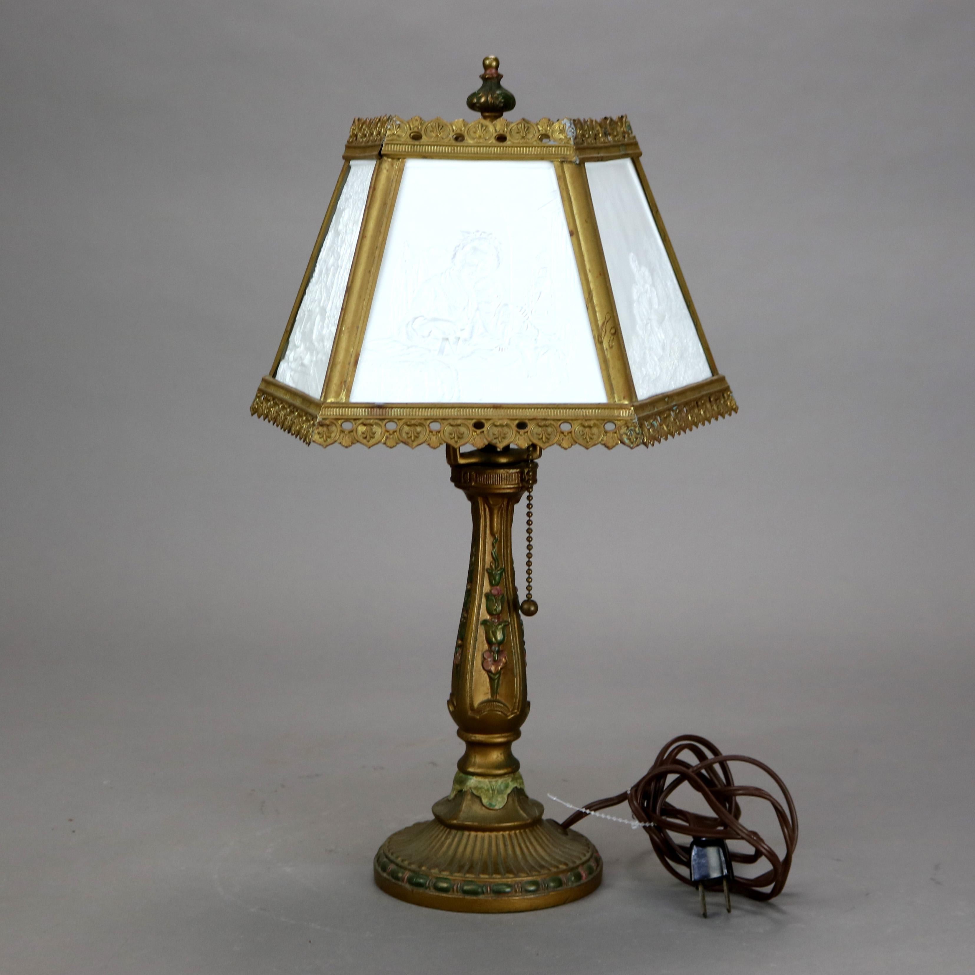 Lampe de table antique Lithophane Arts & Crafts en verre embossé à 5 panneaux C1910 Bon état - En vente à Big Flats, NY
