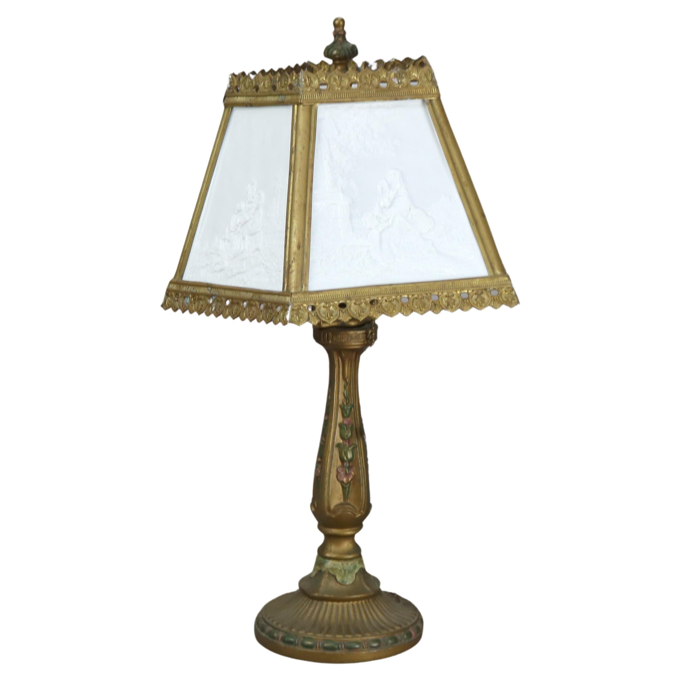 Antique Lithophane Arts & Crafts Embossed 5 Panel Glass Table Lamp C1910