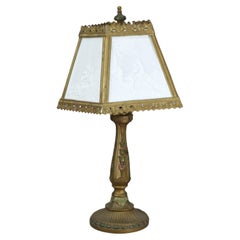 Antique Lithophane Arts & Crafts Embossed 5 Panel Glass Table Lamp C1910