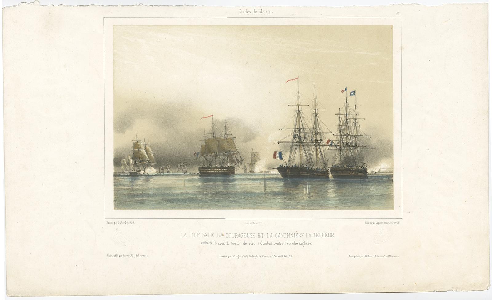 Paper Antique Litograph of a Combat Between French and British Ships, 1844 For Sale