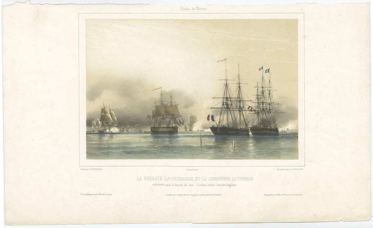 Antique Litograph of a Combat Between French and British Ships, 1844