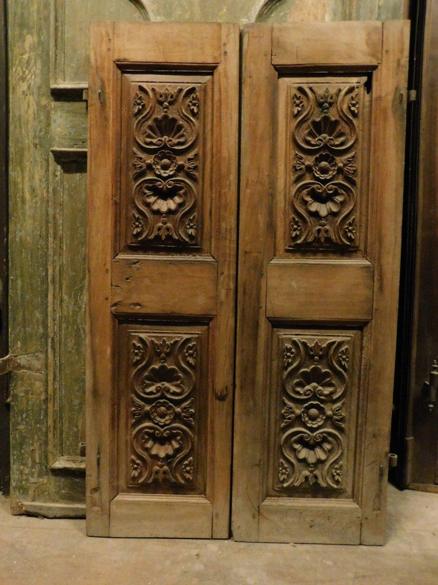 Italian Antique Little Double Doors in Walnut, Carved Panels, 18th Century, Italy For Sale