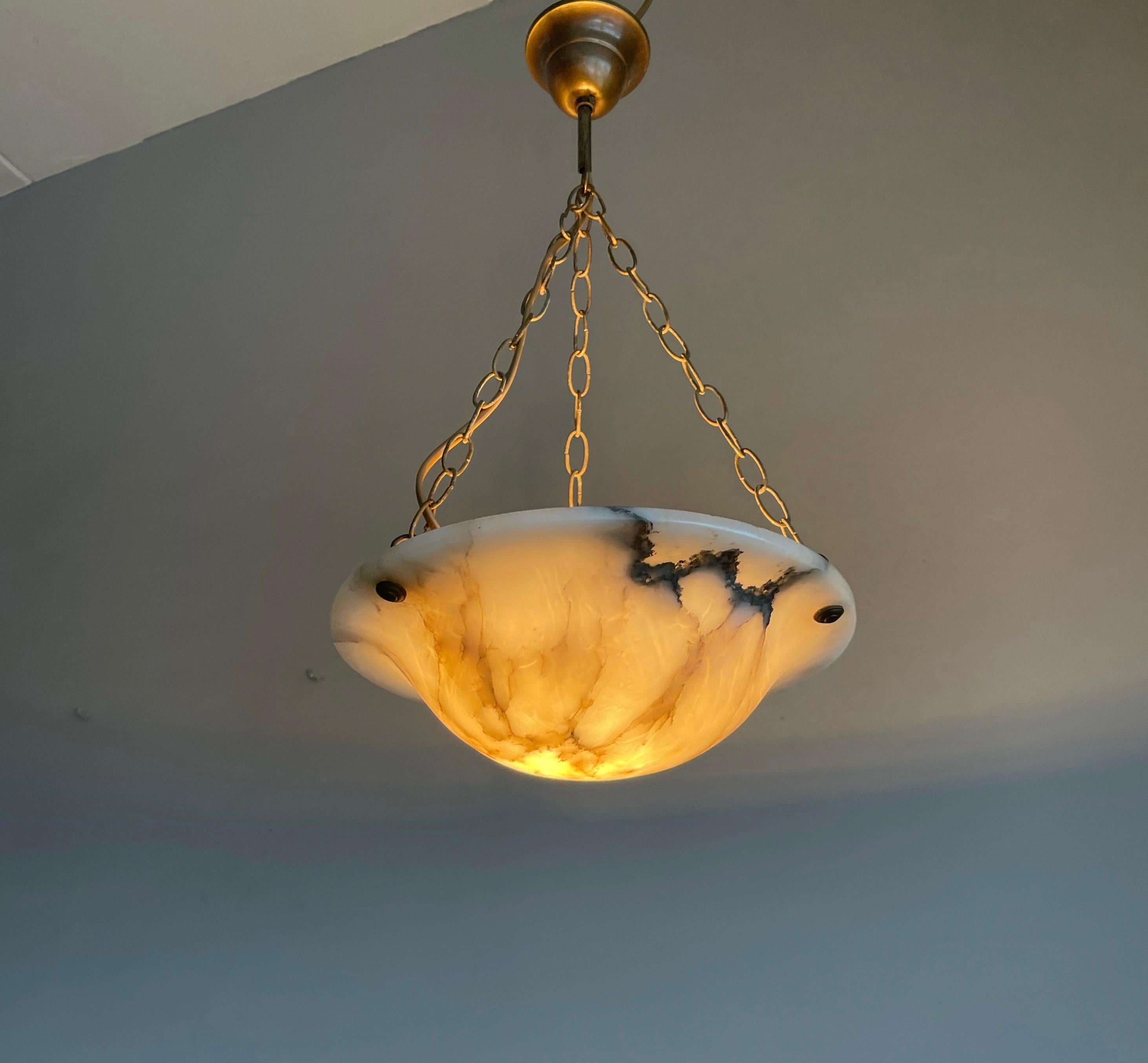 Antique Little White Alabaster Pendant Ceiling Lamp with a Brass Chain & Canopy 4