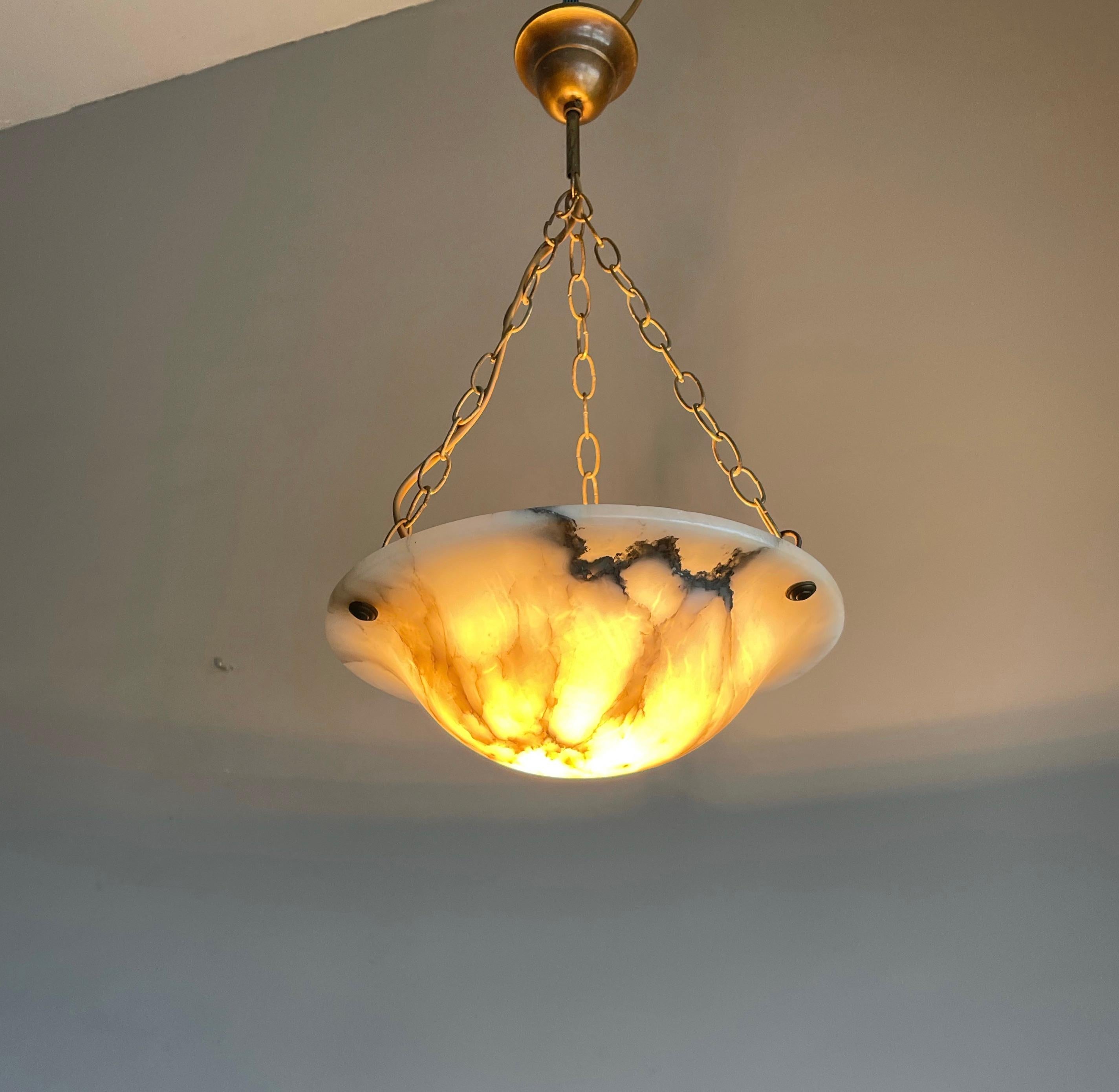 Antique Little White Alabaster Pendant Ceiling Lamp with a Brass Chain & Canopy 5