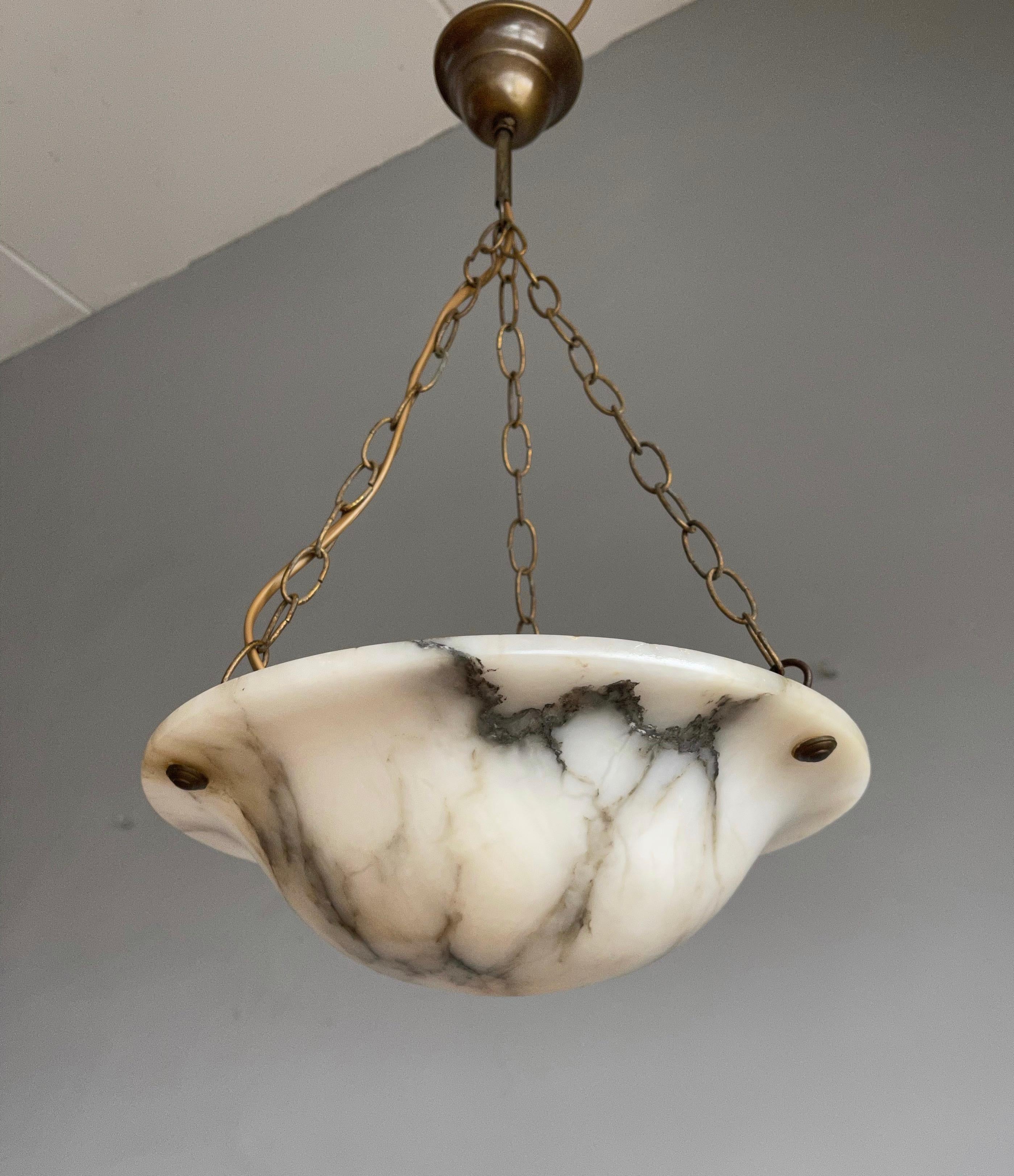 Antique Little White Alabaster Pendant Ceiling Lamp with a Brass Chain & Canopy 6