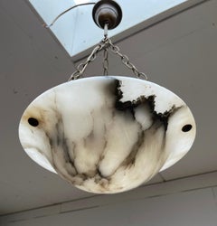 Antique Little White Alabaster Pendant Ceiling Lamp with a Brass Chain & Canopy