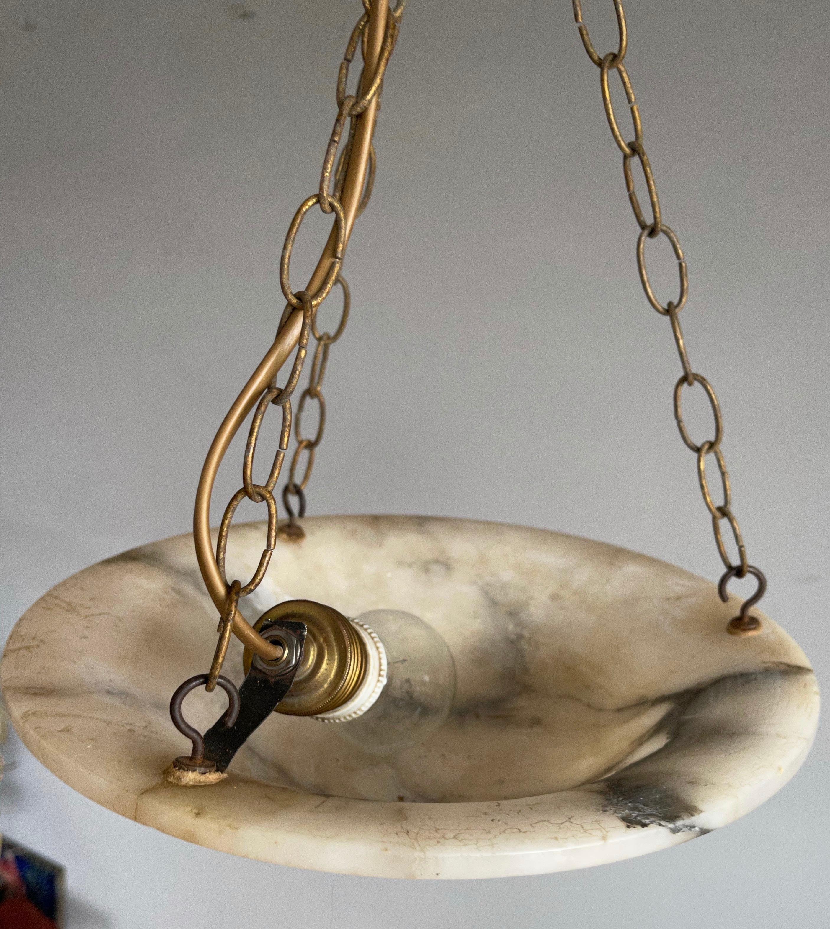Antique Little White Alabaster Pendant Ceiling Lamp with a Brass Chain & Canopy 13