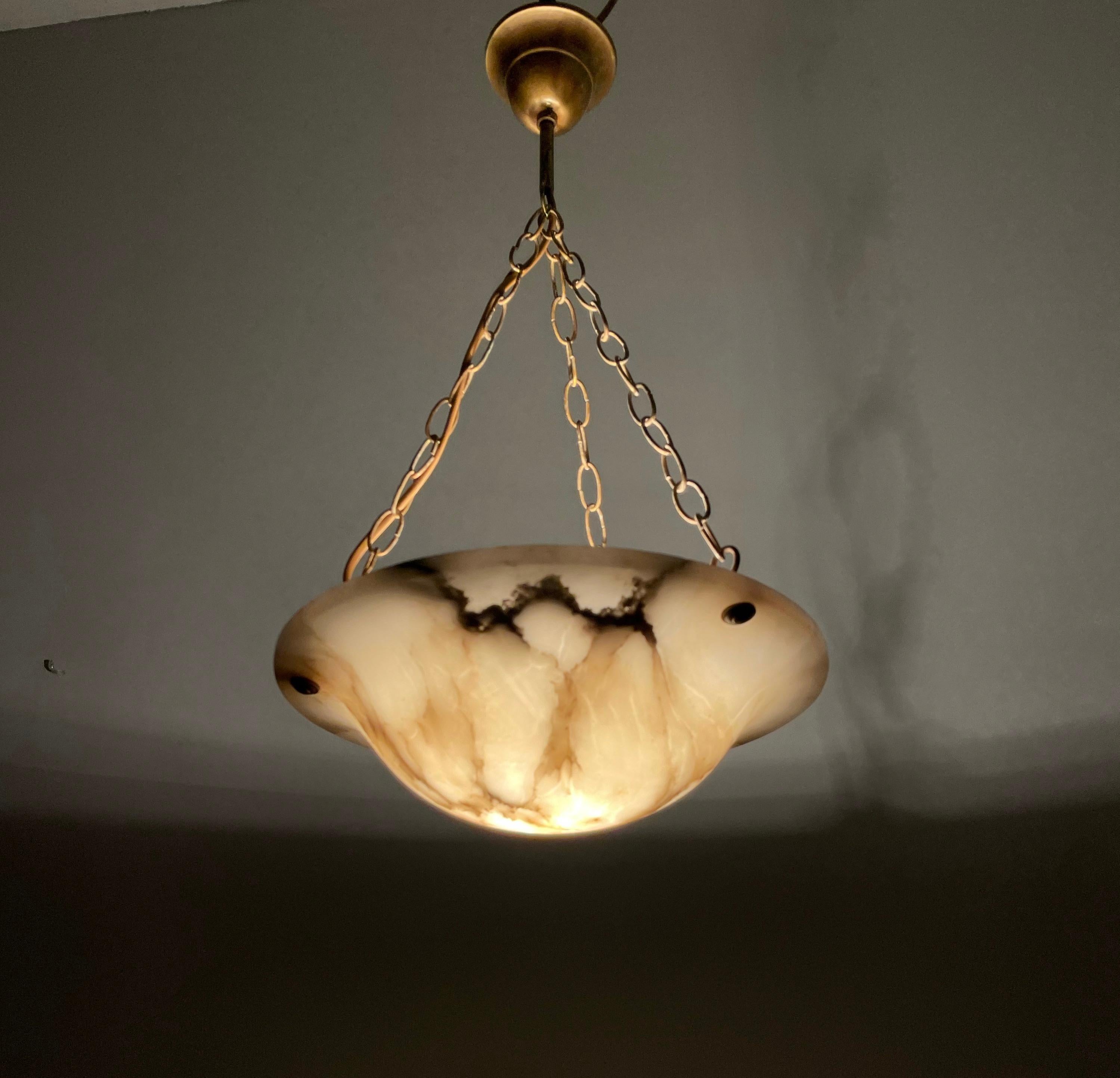 Art Deco Antique Little White Alabaster Pendant Ceiling Lamp with a Brass Chain & Canopy