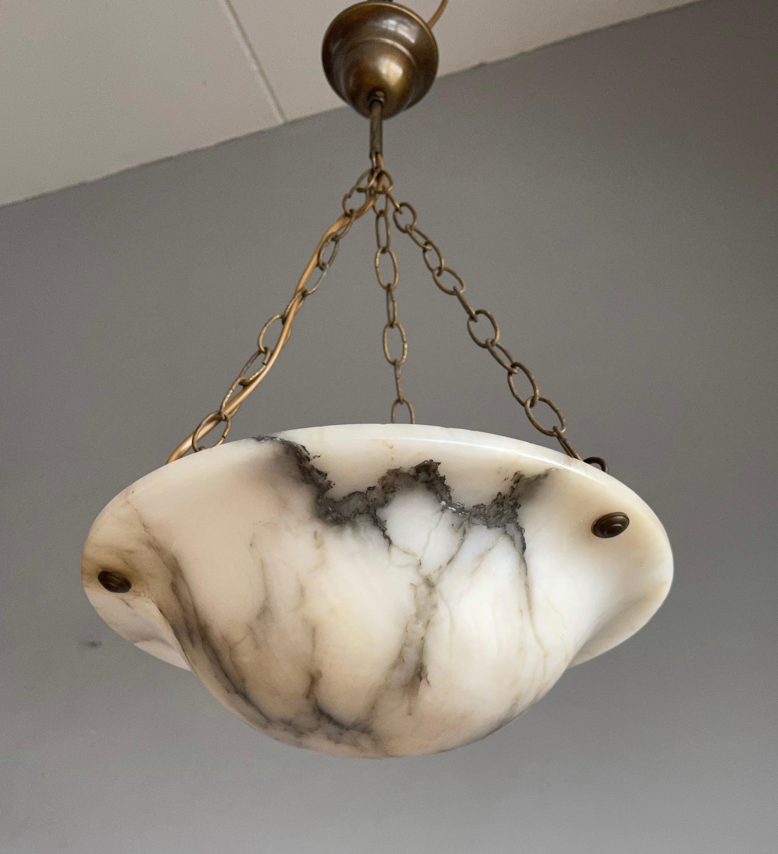 Antique Little White Alabaster Pendant Ceiling Lamp with a Brass Chain & Canopy In Good Condition In Lisse, NL