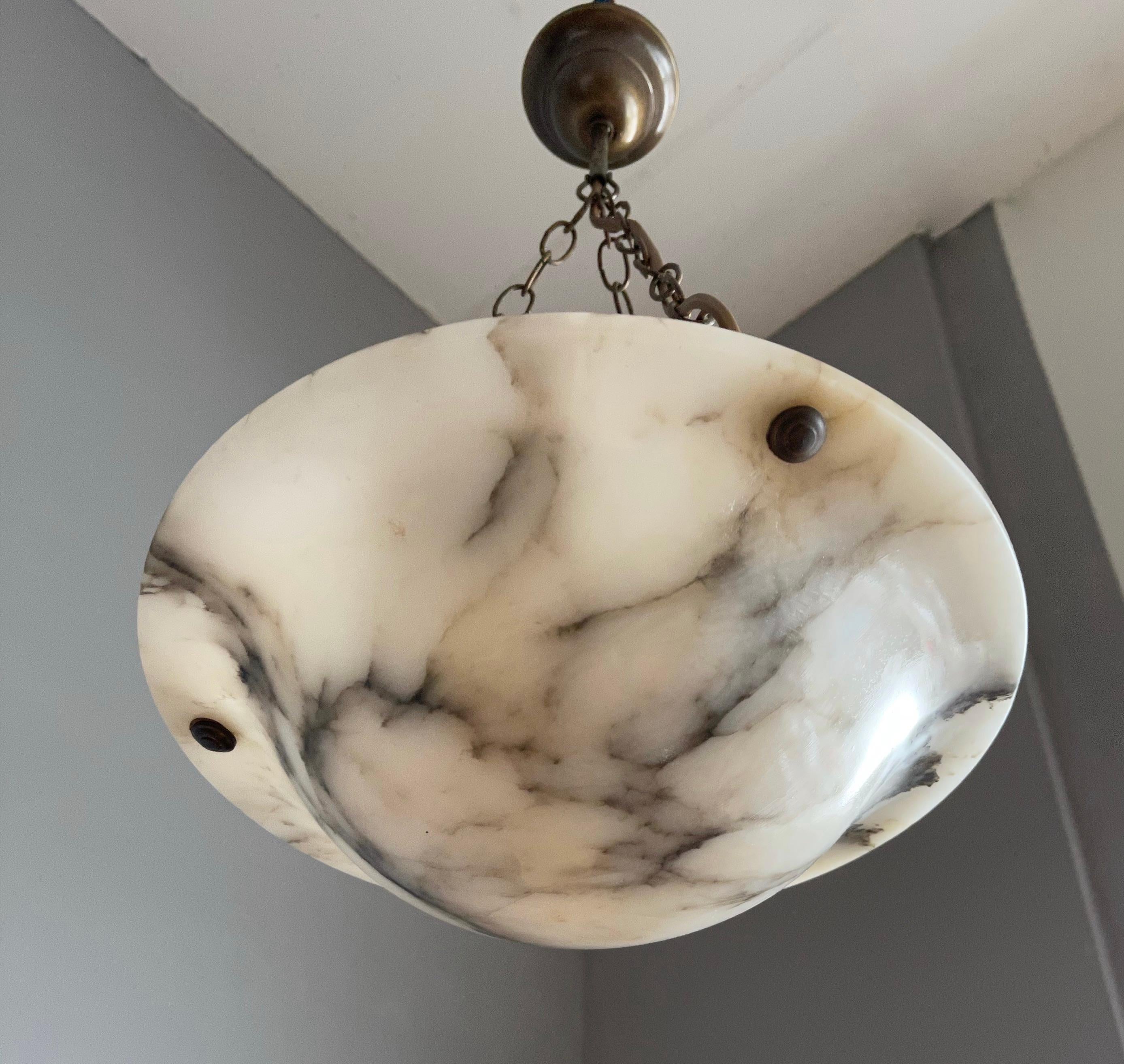 20th Century Antique Little White Alabaster Pendant Ceiling Lamp with a Brass Chain & Canopy