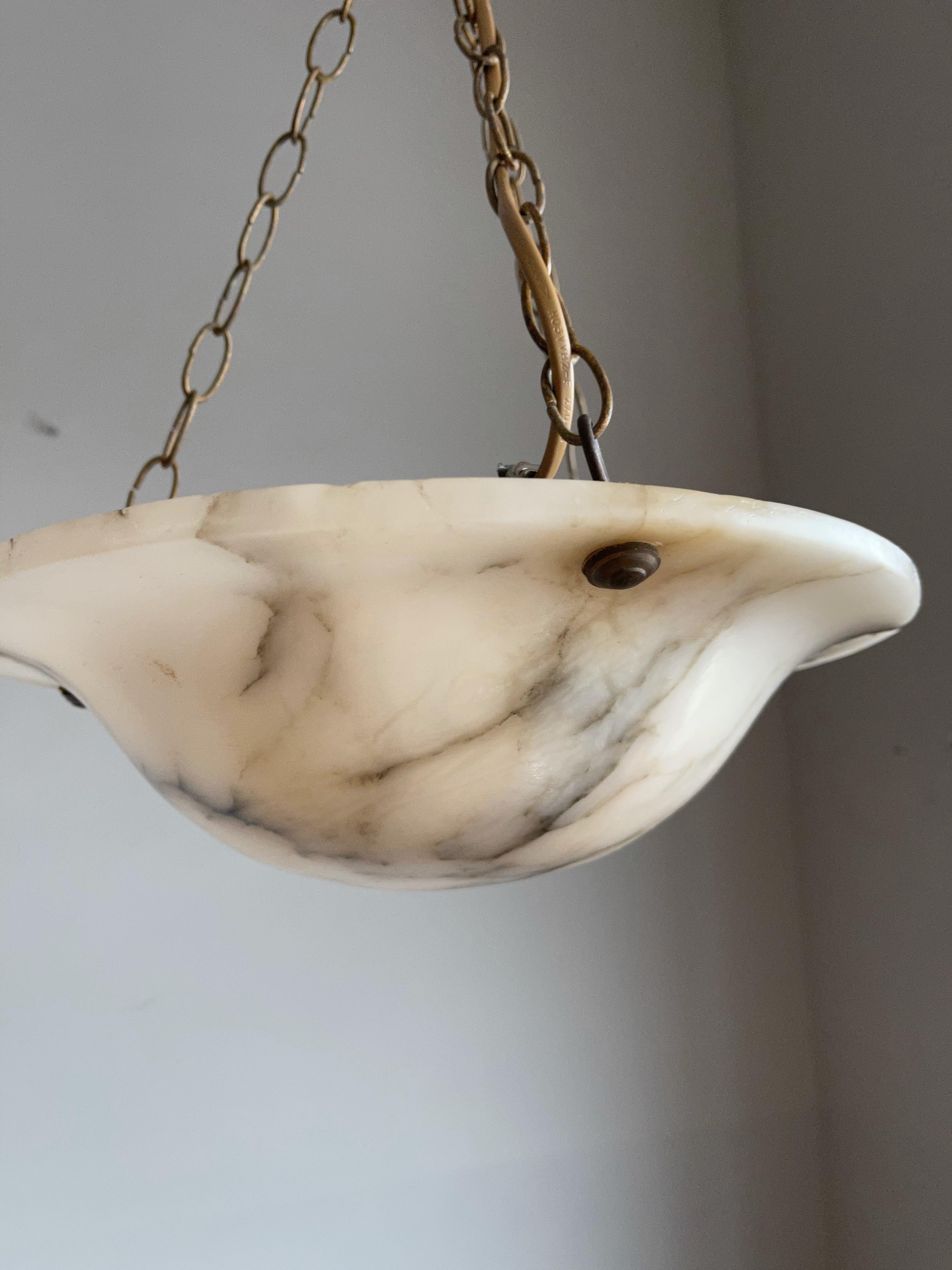 Antique Little White Alabaster Pendant Ceiling Lamp with a Brass Chain & Canopy 1