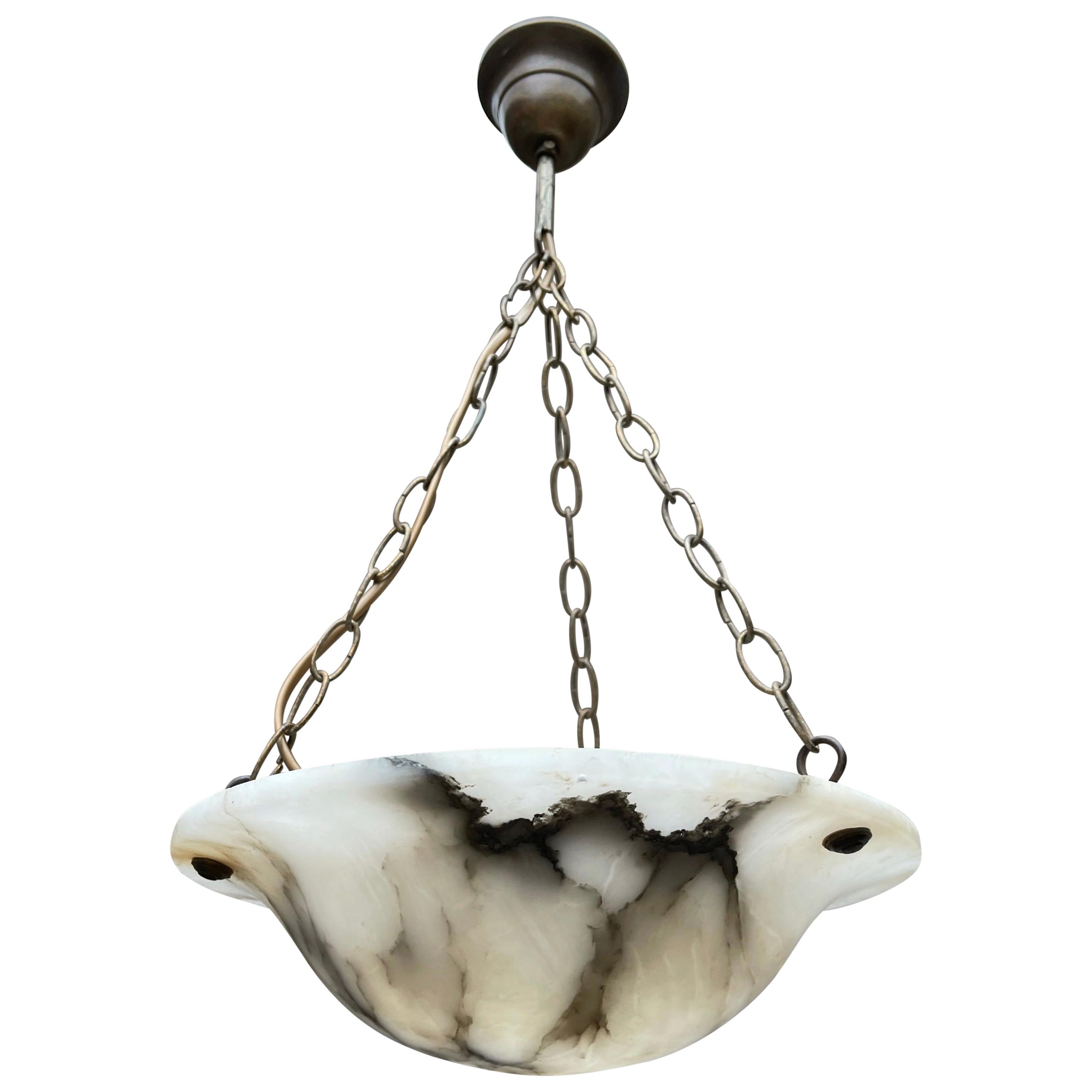 Antique Little White Alabaster Pendant Ceiling Lamp with a Brass Chain & Canopy
