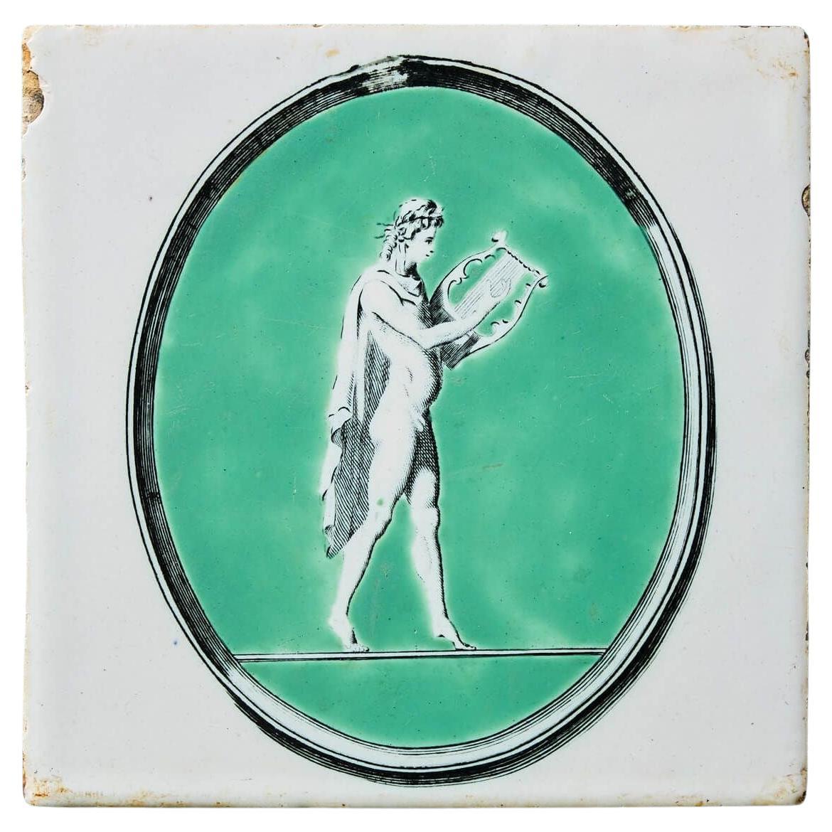 Antique Liverpool Delft Tile with Neoclassical Figure For Sale