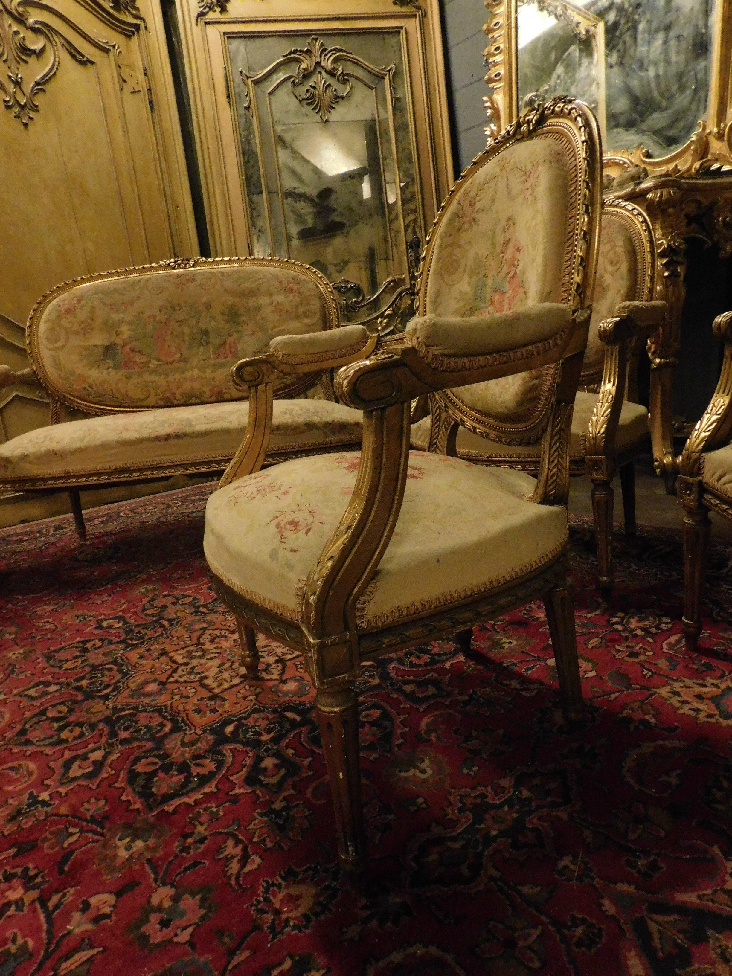 Antikes Wohnzimmer, vier Sessel und Sofa, vergoldetes Holz, 19. Jahrhundert, Frankreich im Angebot 5
