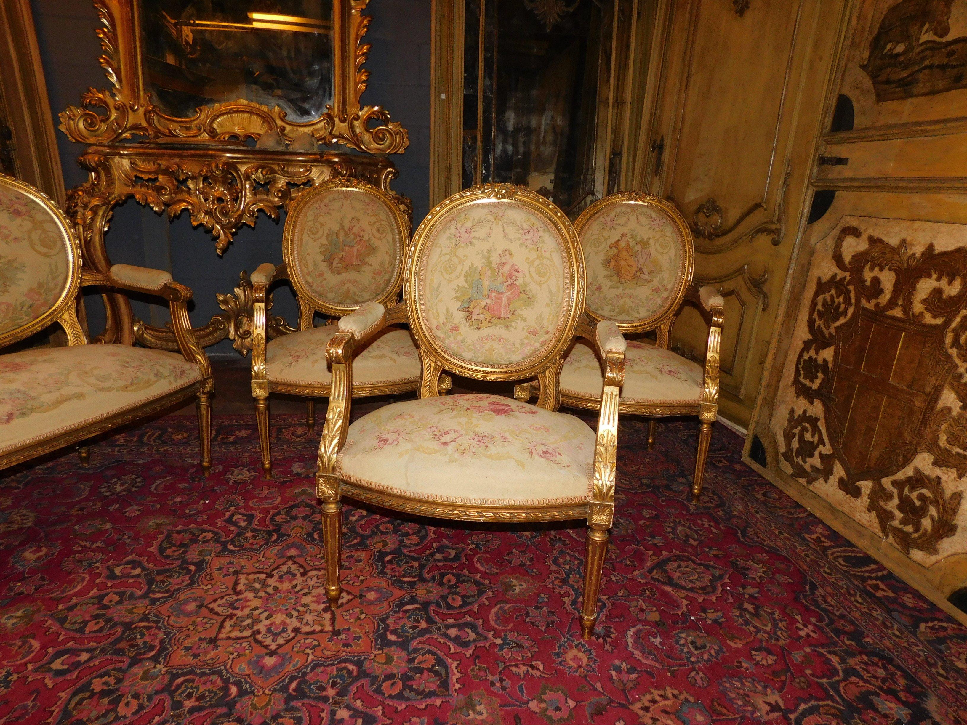 Antikes Wohnzimmer, vier Sessel und Sofa, vergoldetes Holz, 19. Jahrhundert, Frankreich im Angebot 1