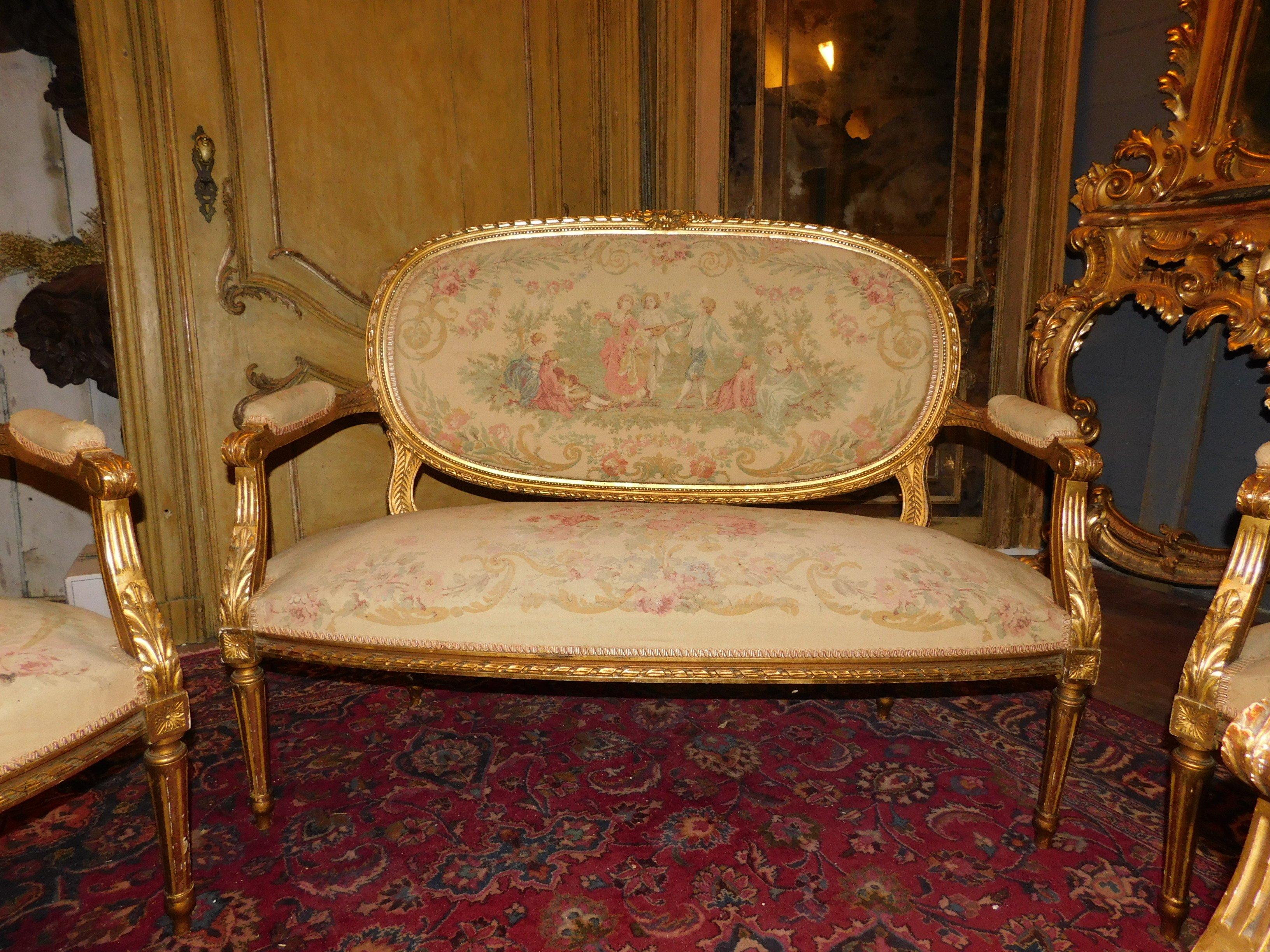 Gilt Antique Living Room, Four Armchairs and Sofa, Gilded Wood, 19th Century, France For Sale